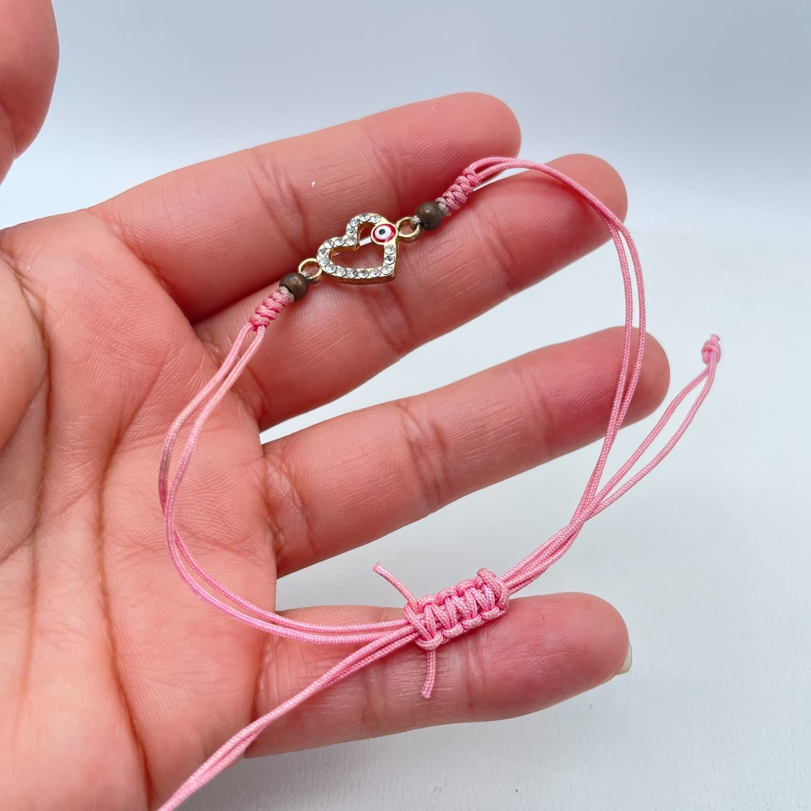 Y2K Adjustable Rhinestone Embellish Evil Eye Pink Cord Heart Charm Bracelet - Thumbnail 9