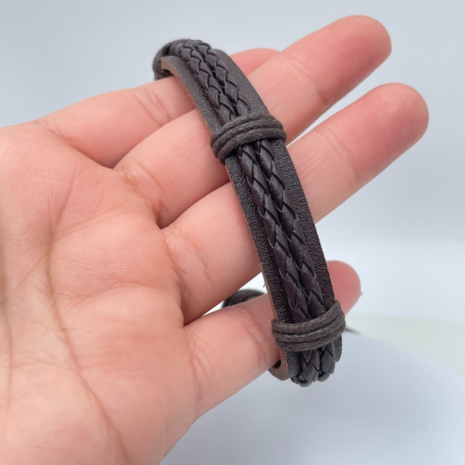 Contemporary Rustic Adjustable Brown Leather Braided Cords Slip Tie Bracelet - Thumbnail 8