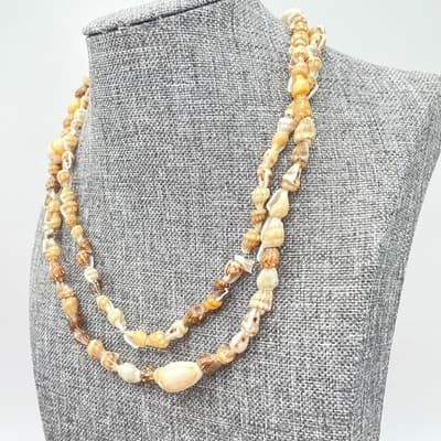 Vintage Cream Assorted Nassa Cowrie Seashells Beaded Double Stranded Necklace - Thumbnail 5
