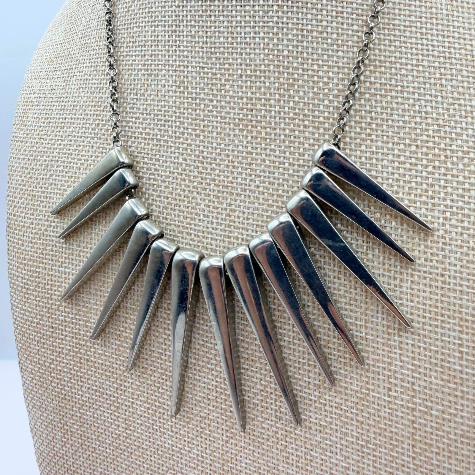Vintage 90s Silver Tone Spike Fringe Statement Necklace Women's Classic Jewelry - Thumbnail 7