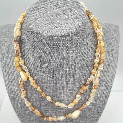 Vintage Cream Assorted Nassa Cowrie Seashells Beaded Double Stranded Necklace - Thumbnail 3