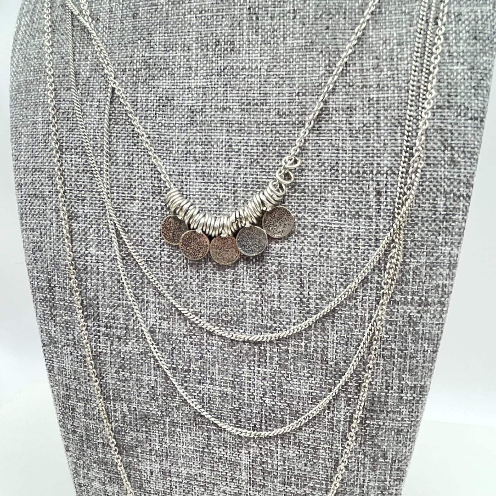 Bohemian Silver-Tone Multi-Strand Hammered Disc Coin Pendants Layered Necklace - Thumbnail 8