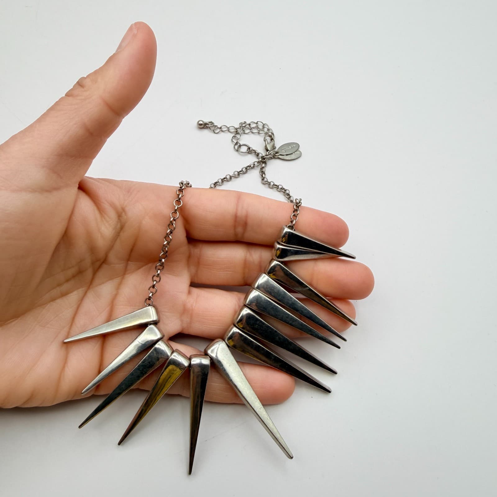 Vintage 90s Silver Tone Spike Fringe Statement Necklace Women's Classic Jewelry - Thumbnail 8