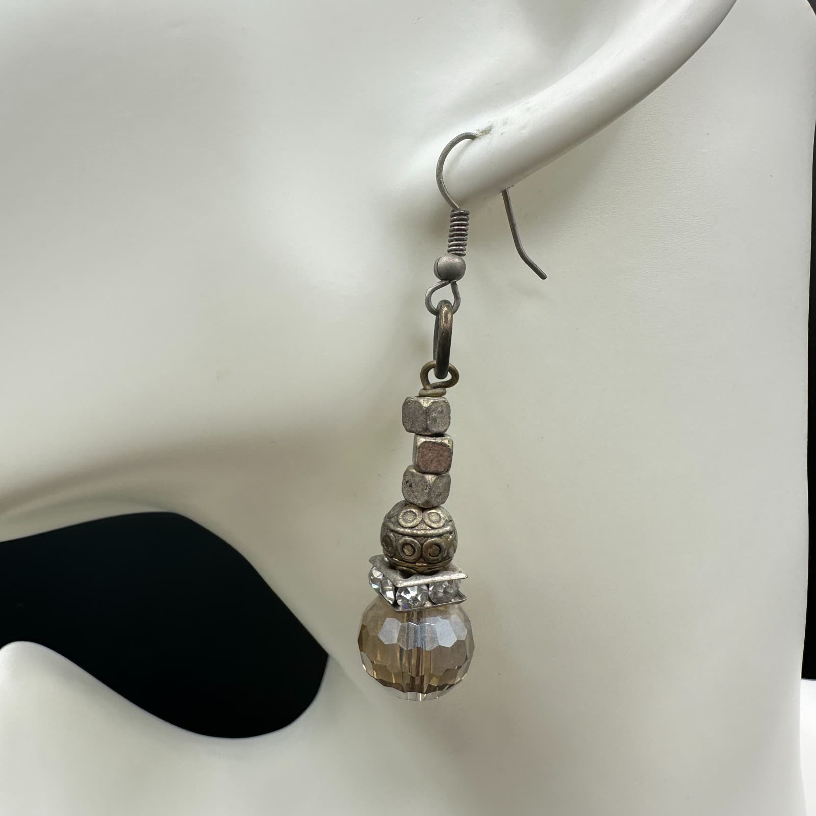 Vintage Mixed Metal Crystal Rhinestone Dangle Earrings Amber Bead Boho - Thumbnail 2