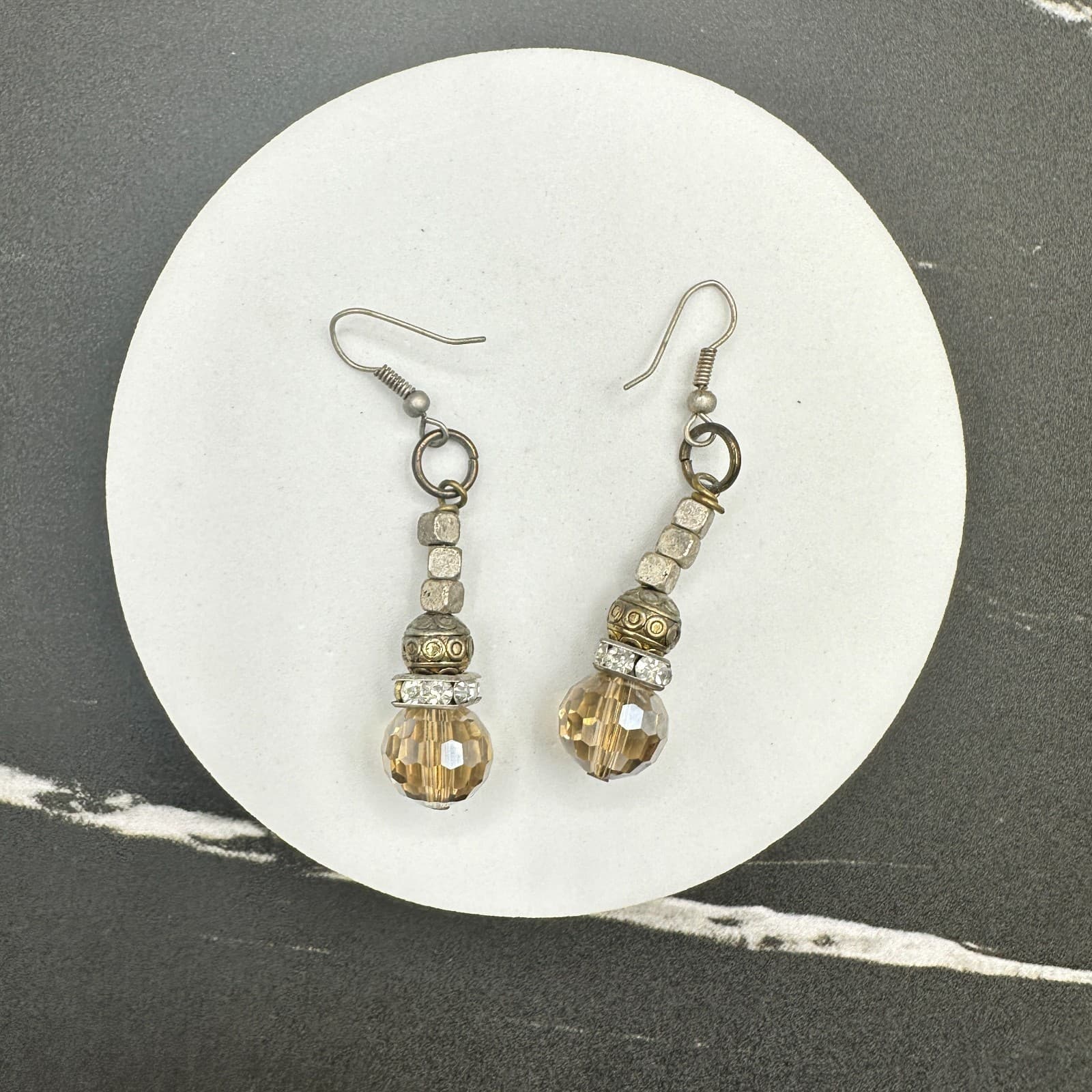 Vintage Mixed Metal Crystal Rhinestone Dangle Earrings Amber Bead Boho - Image 1