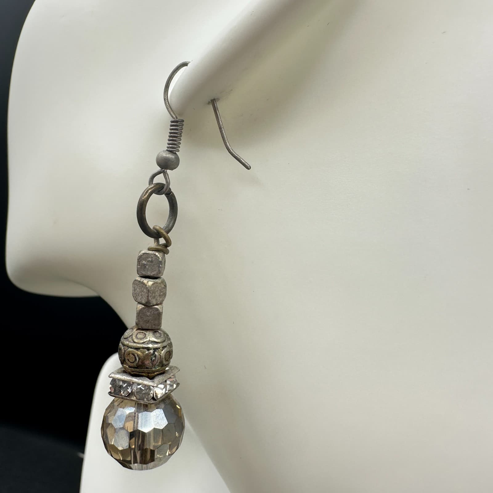 Vintage Mixed Metal Crystal Rhinestone Dangle Earrings Amber Bead Boho - Thumbnail 6