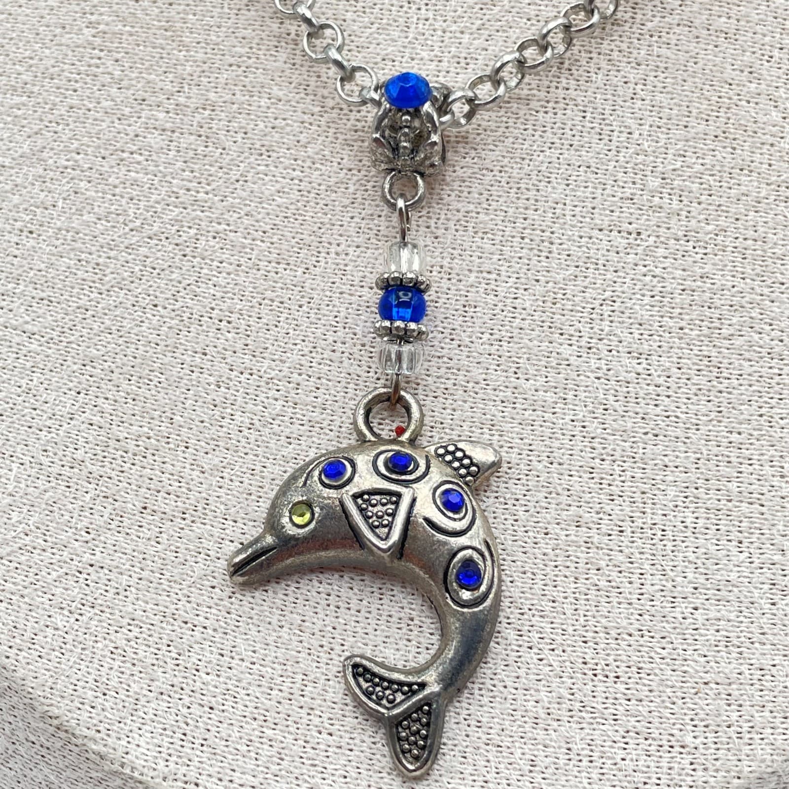 Vintage Silver-Tone Rolo Chain Blue Glass Beads Dolphin Pendant Lobster Necklace - Thumbnail 5