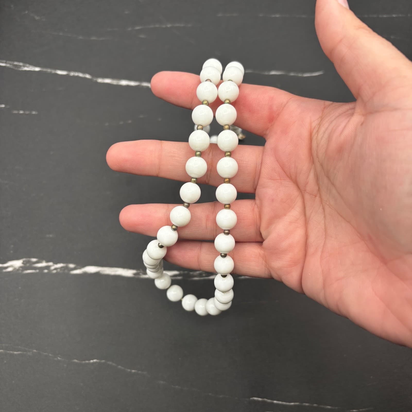 Vintage White Chunky Faux Pearl Necklace Gold Tone Spacers Single Strand 18" - Thumbnail 8