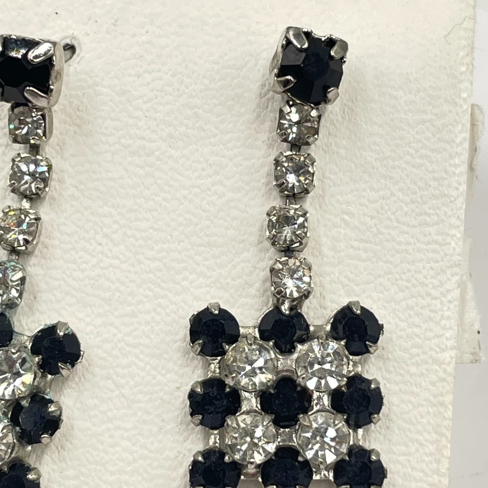 Vintage Silver-Tone Glamour Prong Rhinestone Beads Checkerboard Dangle Earrings - Thumbnail 3