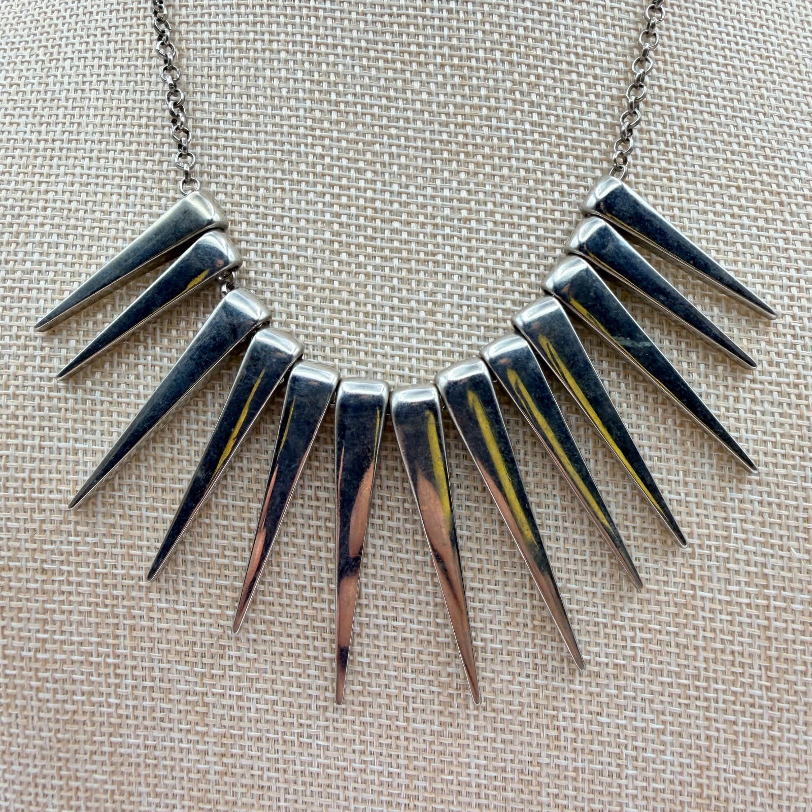 Vintage 90s Silver Tone Spike Fringe Statement Necklace Women's Classic Jewelry - Thumbnail 4
