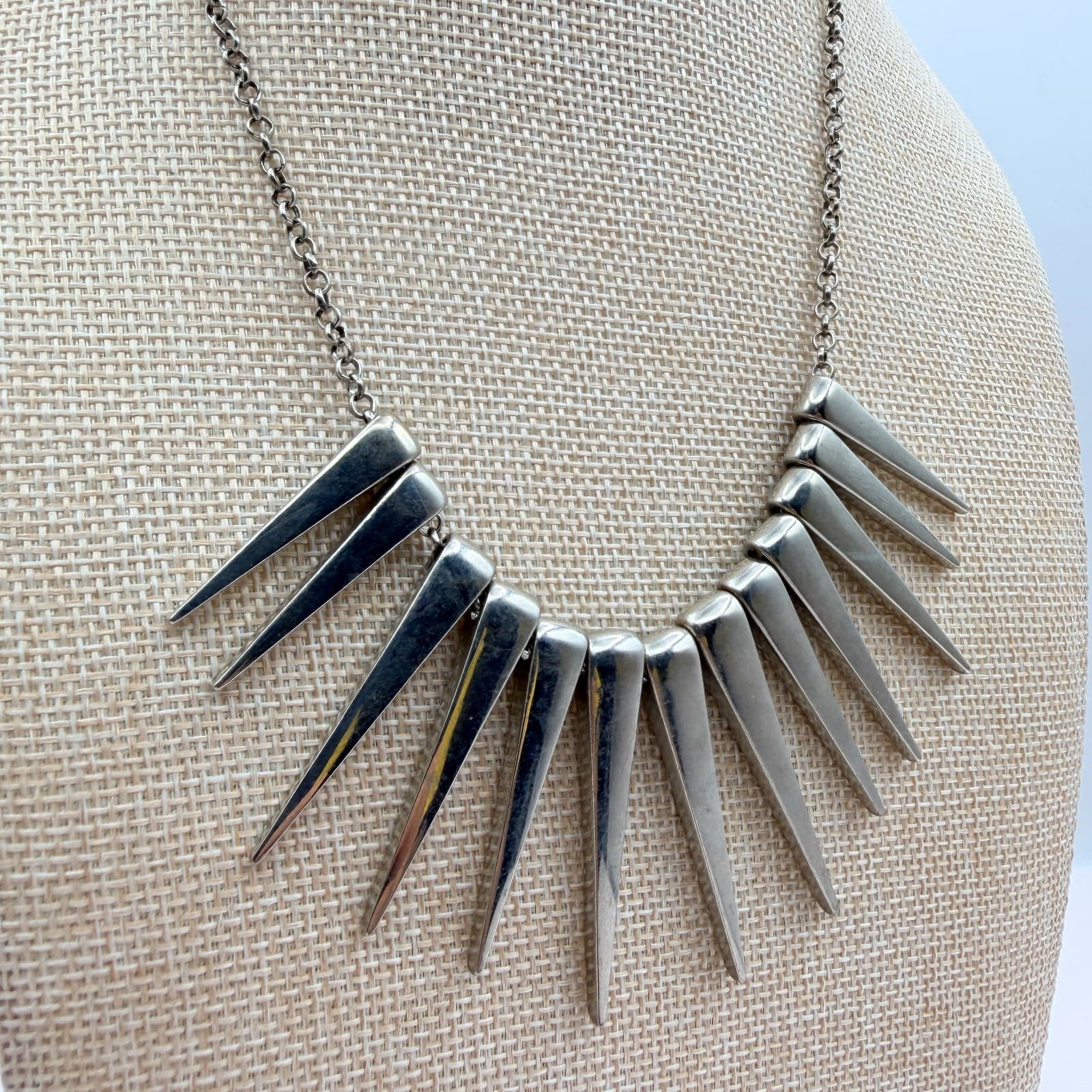 Vintage 90s Silver Tone Spike Fringe Statement Necklace Women's Classic Jewelry - Thumbnail 6