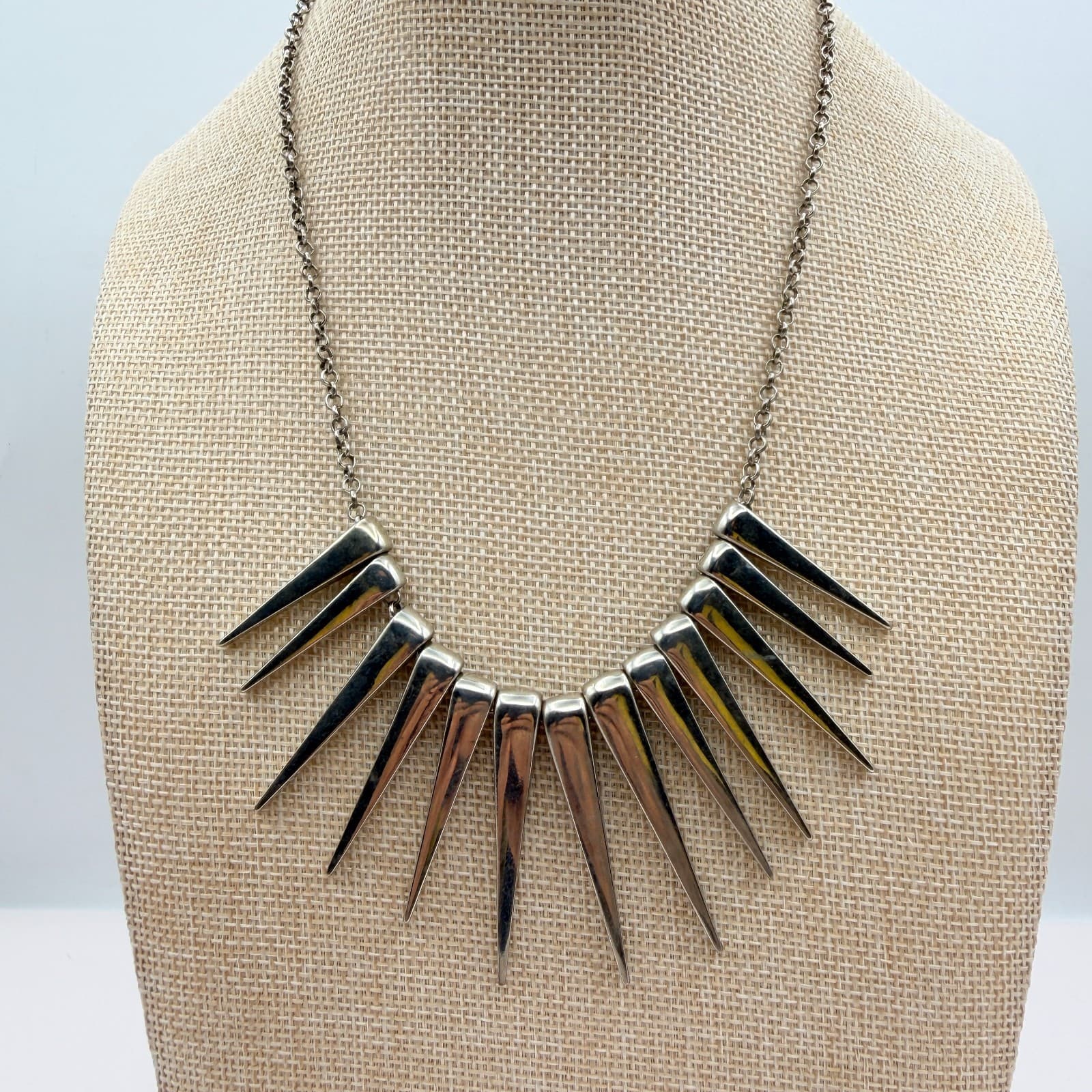 Vintage 90s Silver Tone Spike Fringe Statement Necklace Women's Classic Jewelry - Thumbnail 2