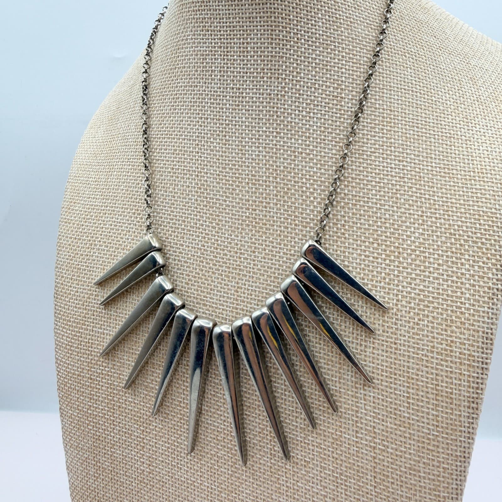 Vintage 90s Silver Tone Spike Fringe Statement Necklace Women's Classic Jewelry - Thumbnail 3