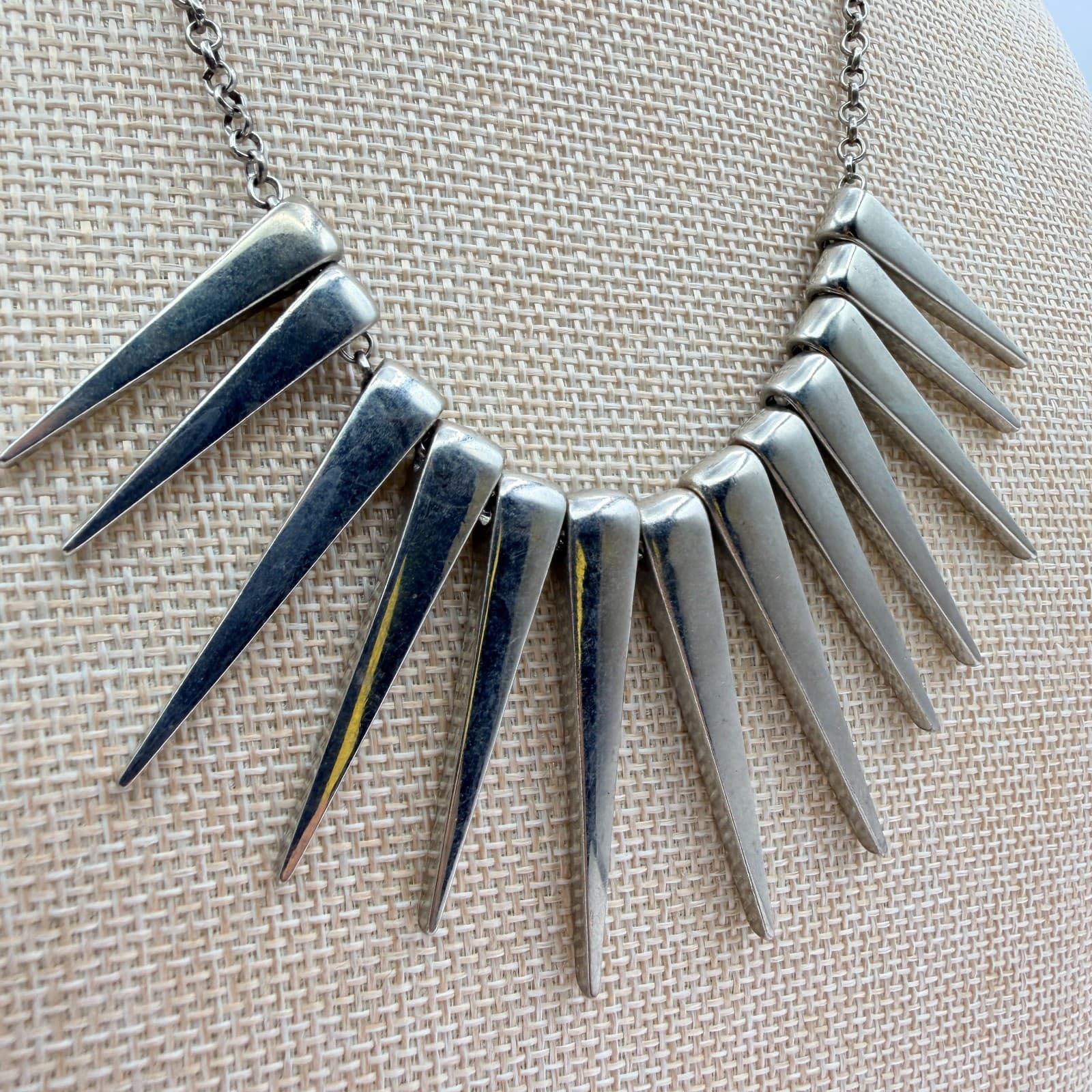Vintage 90s Silver Tone Spike Fringe Statement Necklace Women's Classic Jewelry - Thumbnail 5