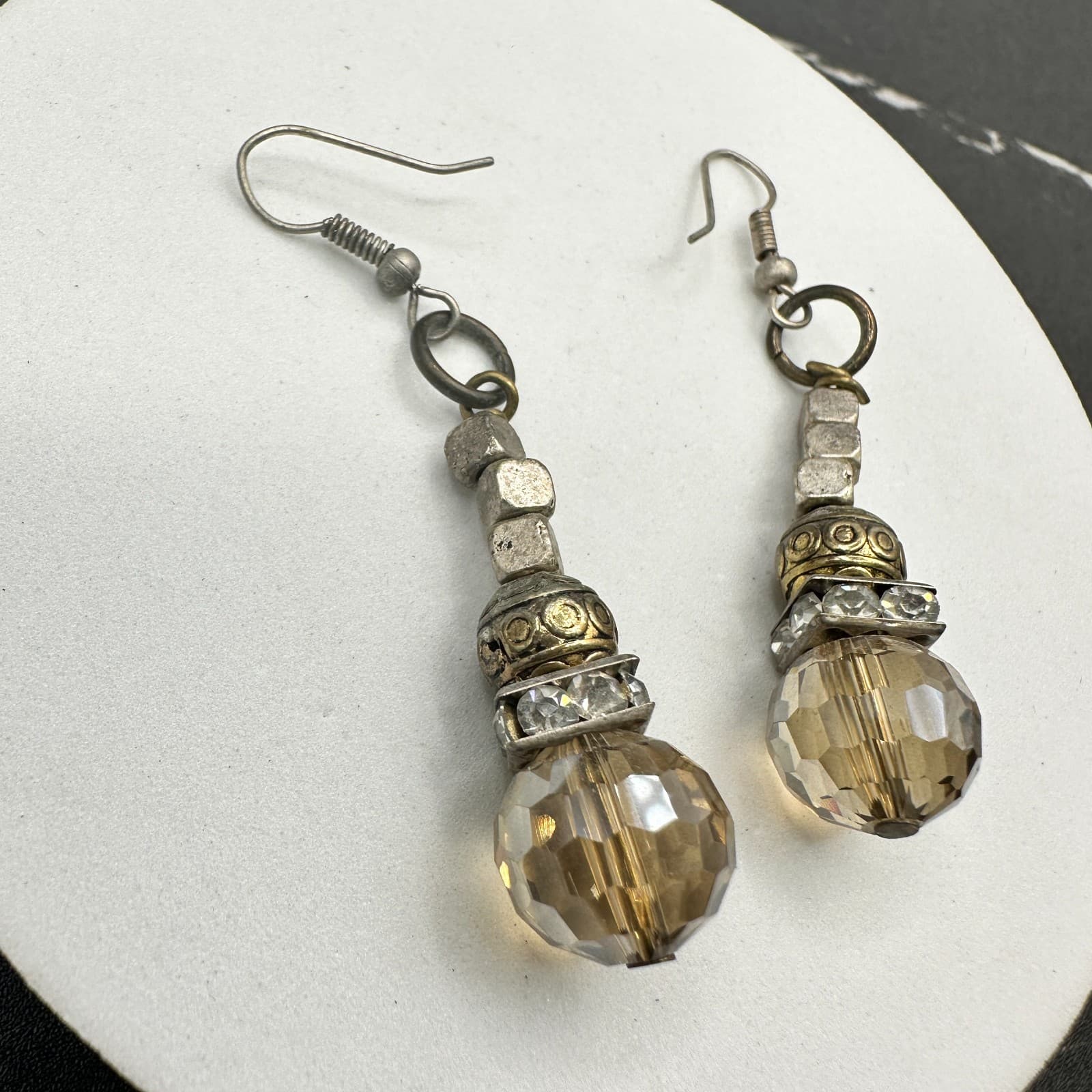 Vintage Mixed Metal Crystal Rhinestone Dangle Earrings Amber Bead Boho - Thumbnail 10