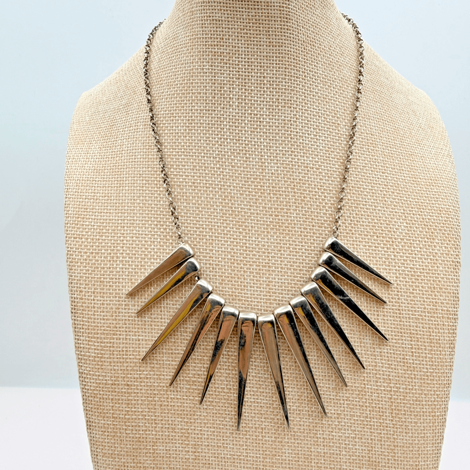 Vintage 90s Silver Tone Spike Fringe Statement Necklace Women's Classic Jewelry - Image 1