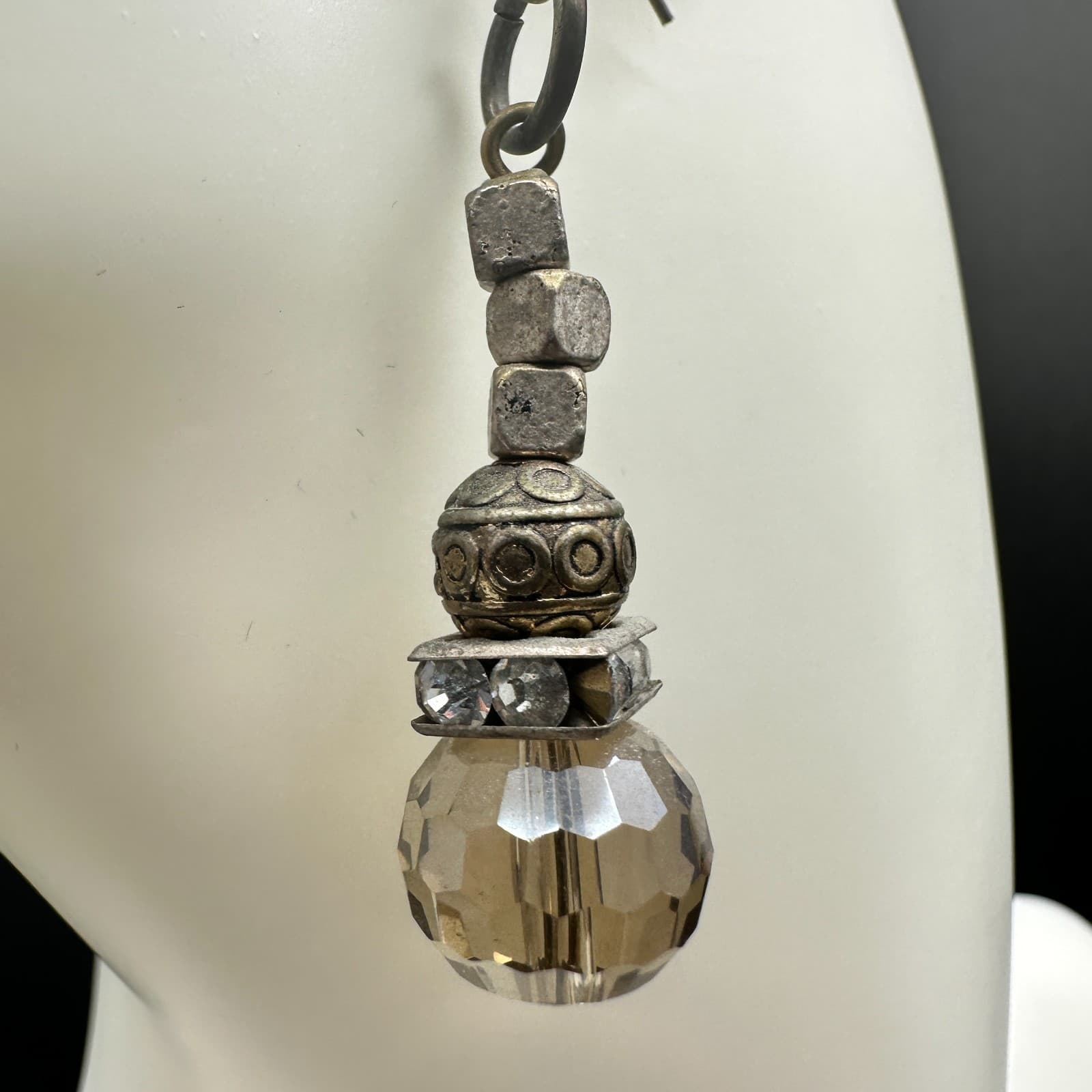 Vintage Mixed Metal Crystal Rhinestone Dangle Earrings Amber Bead Boho - Thumbnail 8