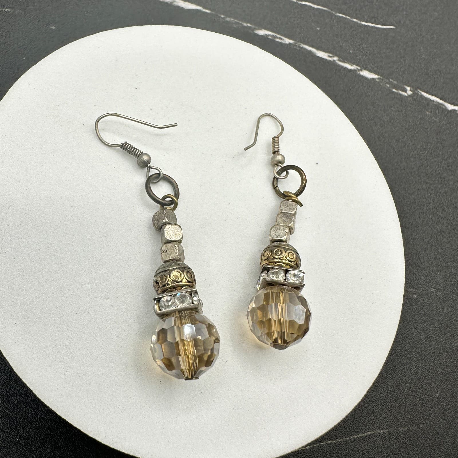 Vintage Mixed Metal Crystal Rhinestone Dangle Earrings Amber Bead Boho - Thumbnail 9