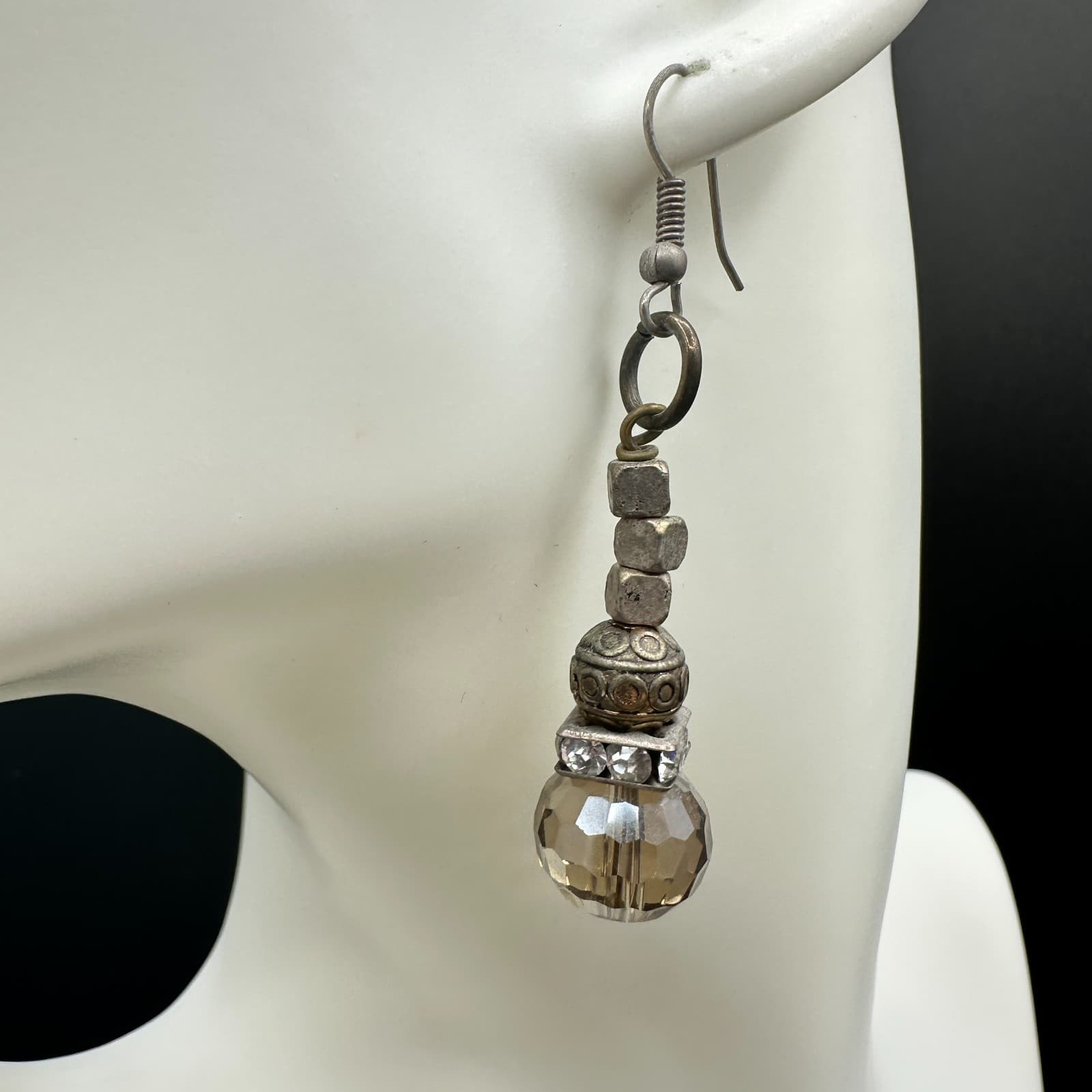 Vintage Mixed Metal Crystal Rhinestone Dangle Earrings Amber Bead Boho - Thumbnail 4