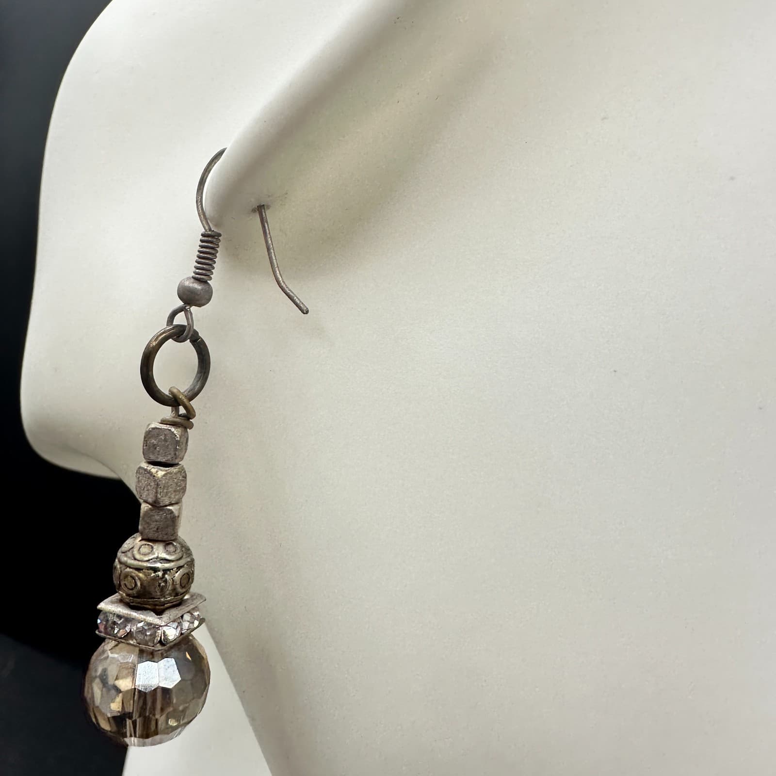 Vintage Mixed Metal Crystal Rhinestone Dangle Earrings Amber Bead Boho - Thumbnail 7