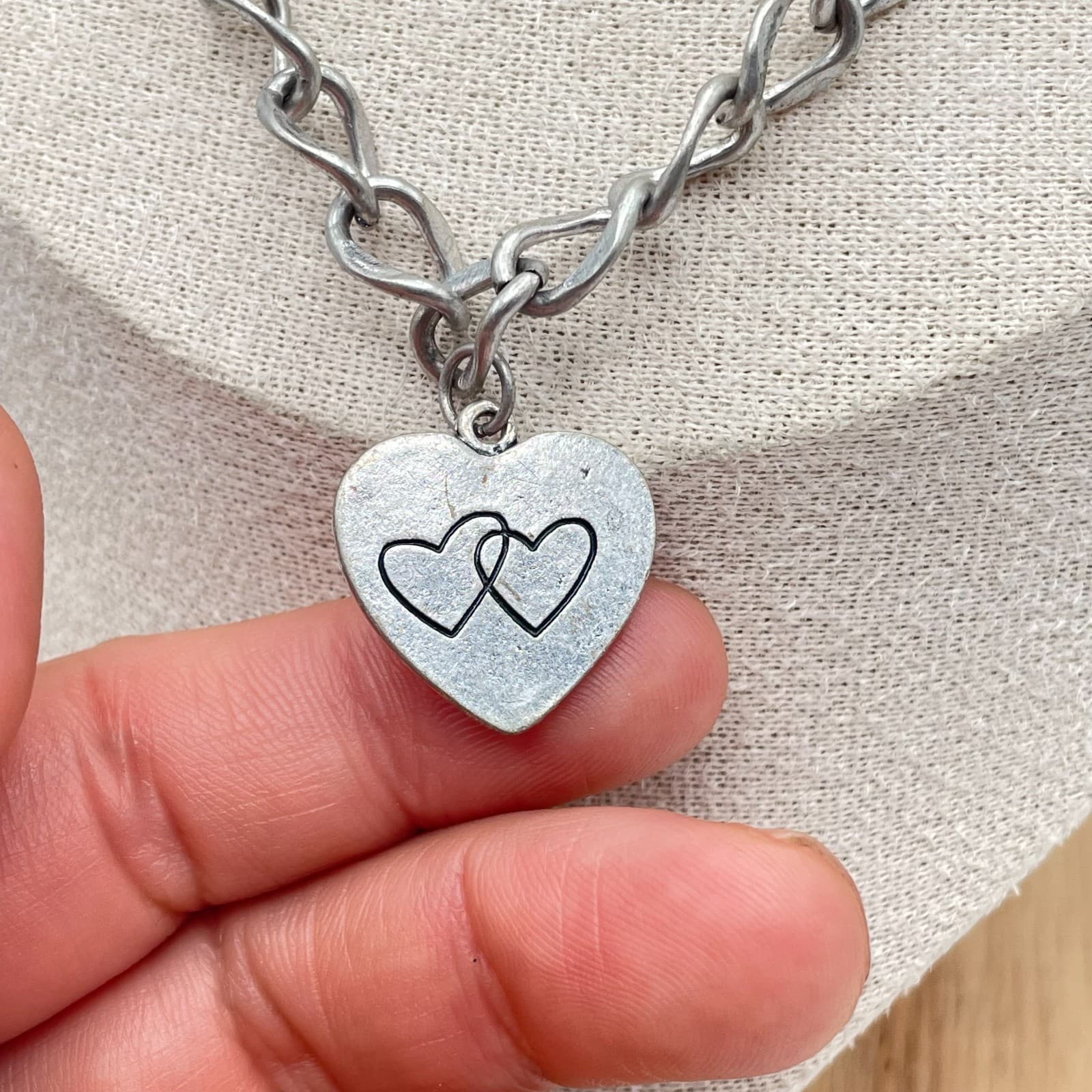 Valentine's Gift Silver-Tone Chunky Chain "Love" Engraved Heart Pendant Necklace - Image 1