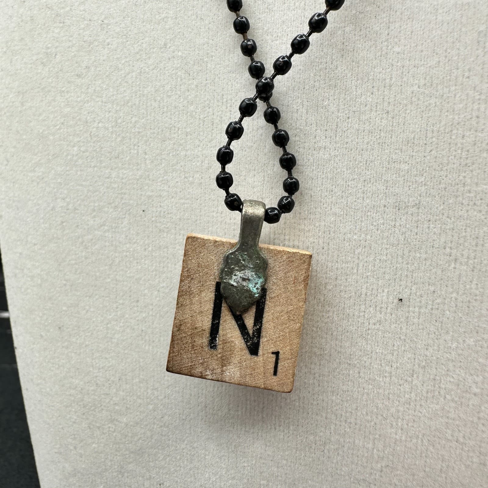 VTG 90s Paris Rose Pendant Necklace Wood Block Ball Chain Brown Glitter Boho - Thumbnail 7