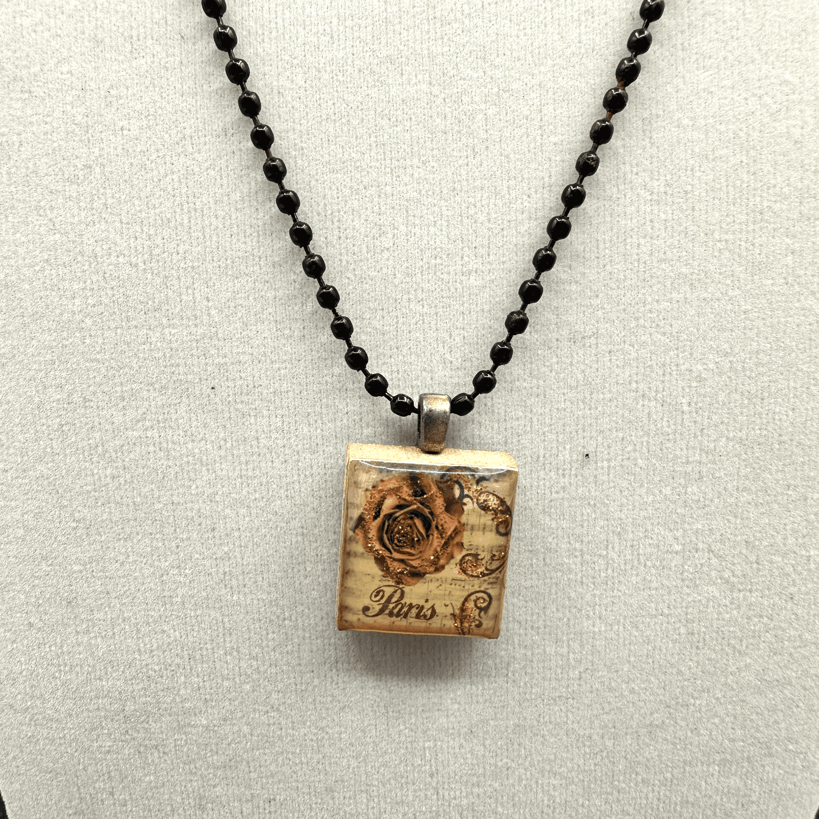 VTG 90s Paris Rose Pendant Necklace Wood Block Ball Chain Brown Glitter Boho - Thumbnail 2