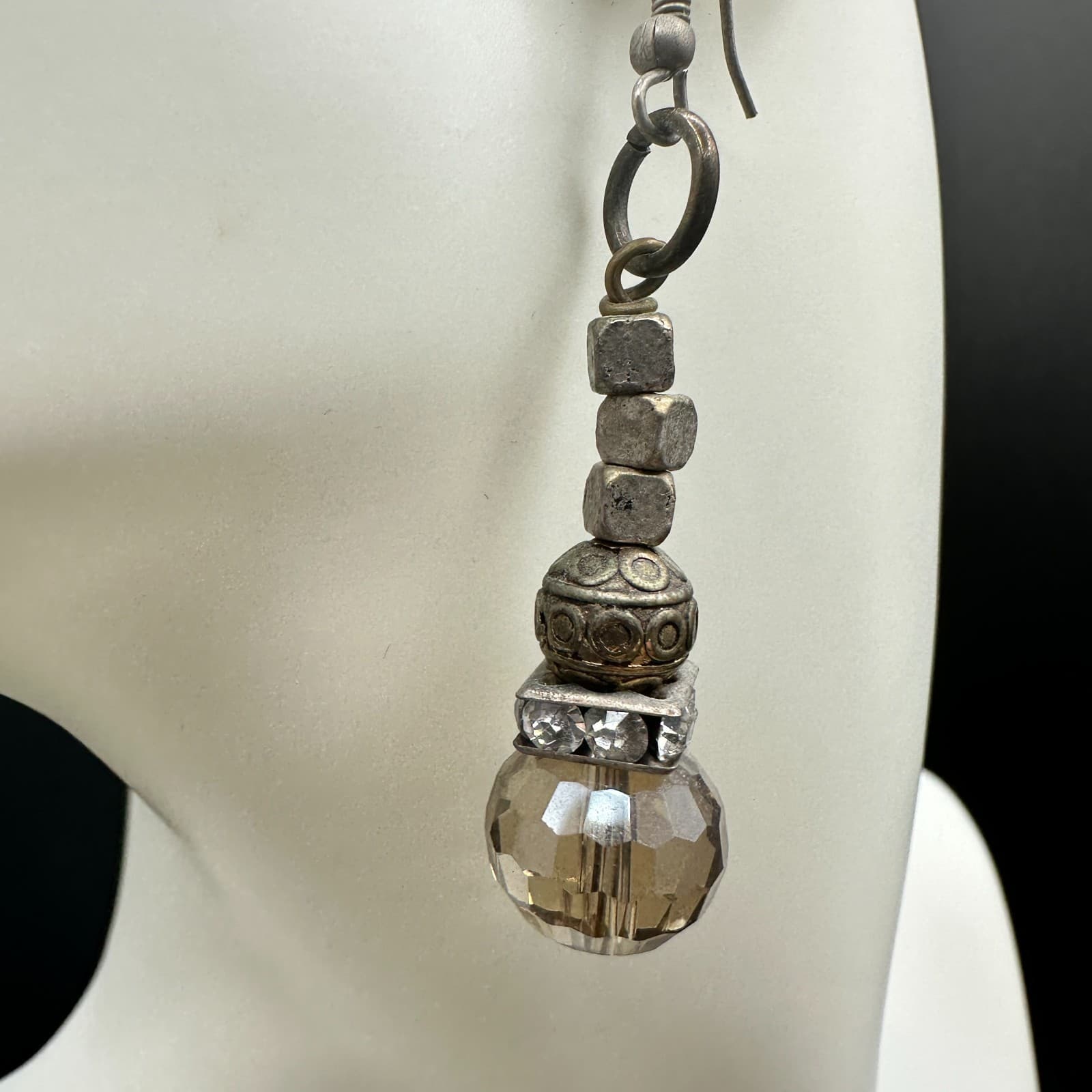 Vintage Mixed Metal Crystal Rhinestone Dangle Earrings Amber Bead Boho - Thumbnail 5