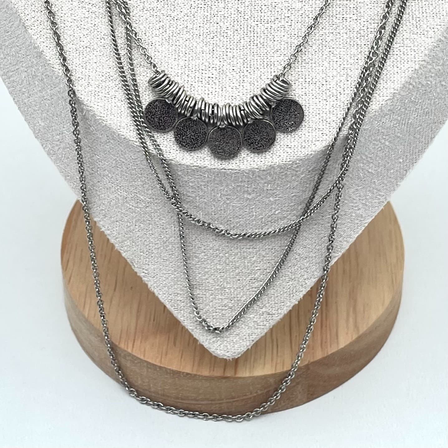 Bohemian Silver-Tone Multi-Strand Hammered Disc Coin Pendants Layered Necklace - Thumbnail 2