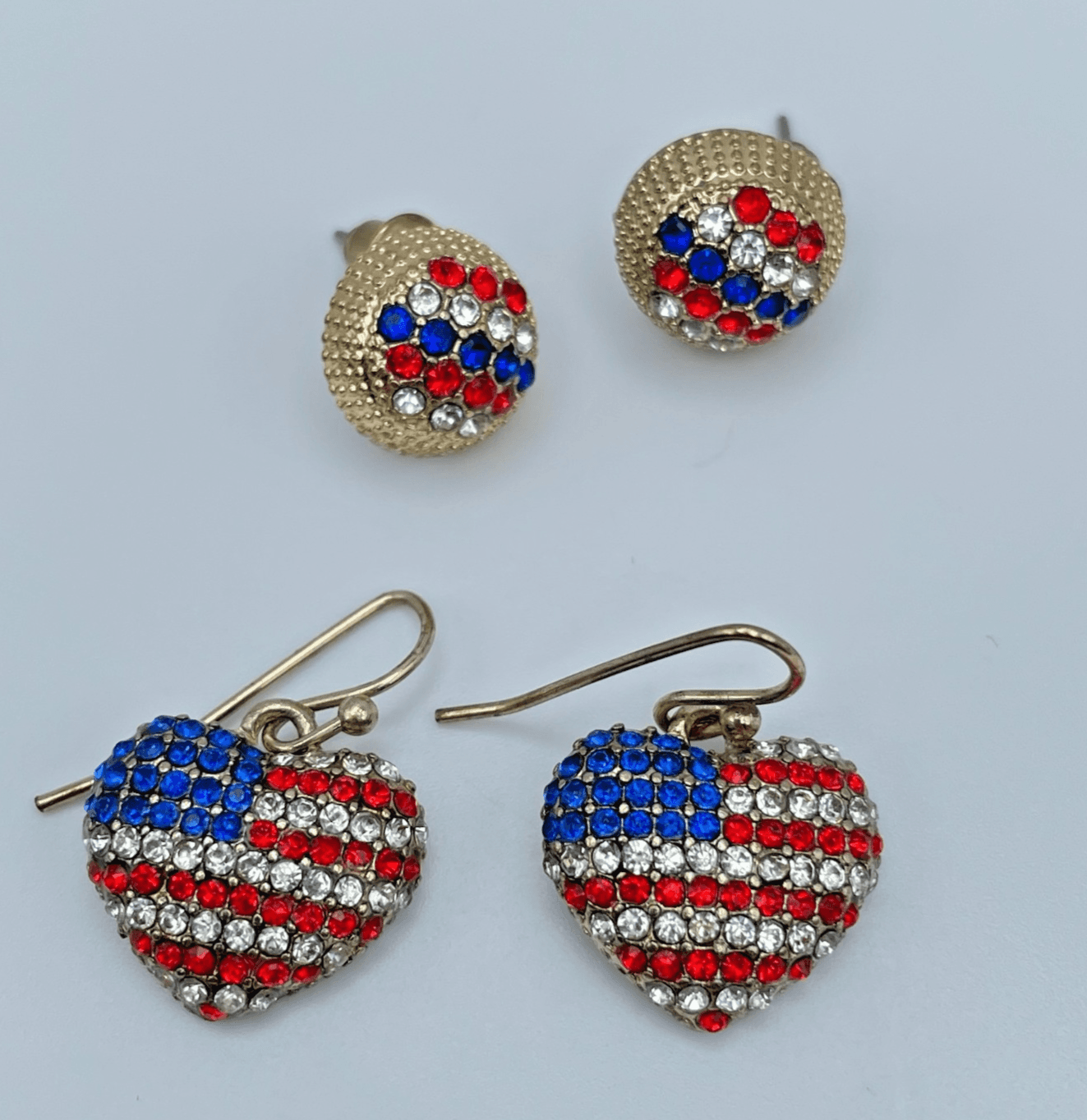 Vintage 90s USA Flag Heart & Stud Gold Tone Earrings Set Women's Classic Jewelry - Image 1