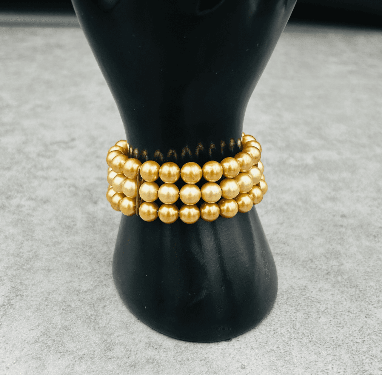 Gold-Tone Faux Pearl Triple Strand Stretch Bracelet Y2K Chic - Image 1