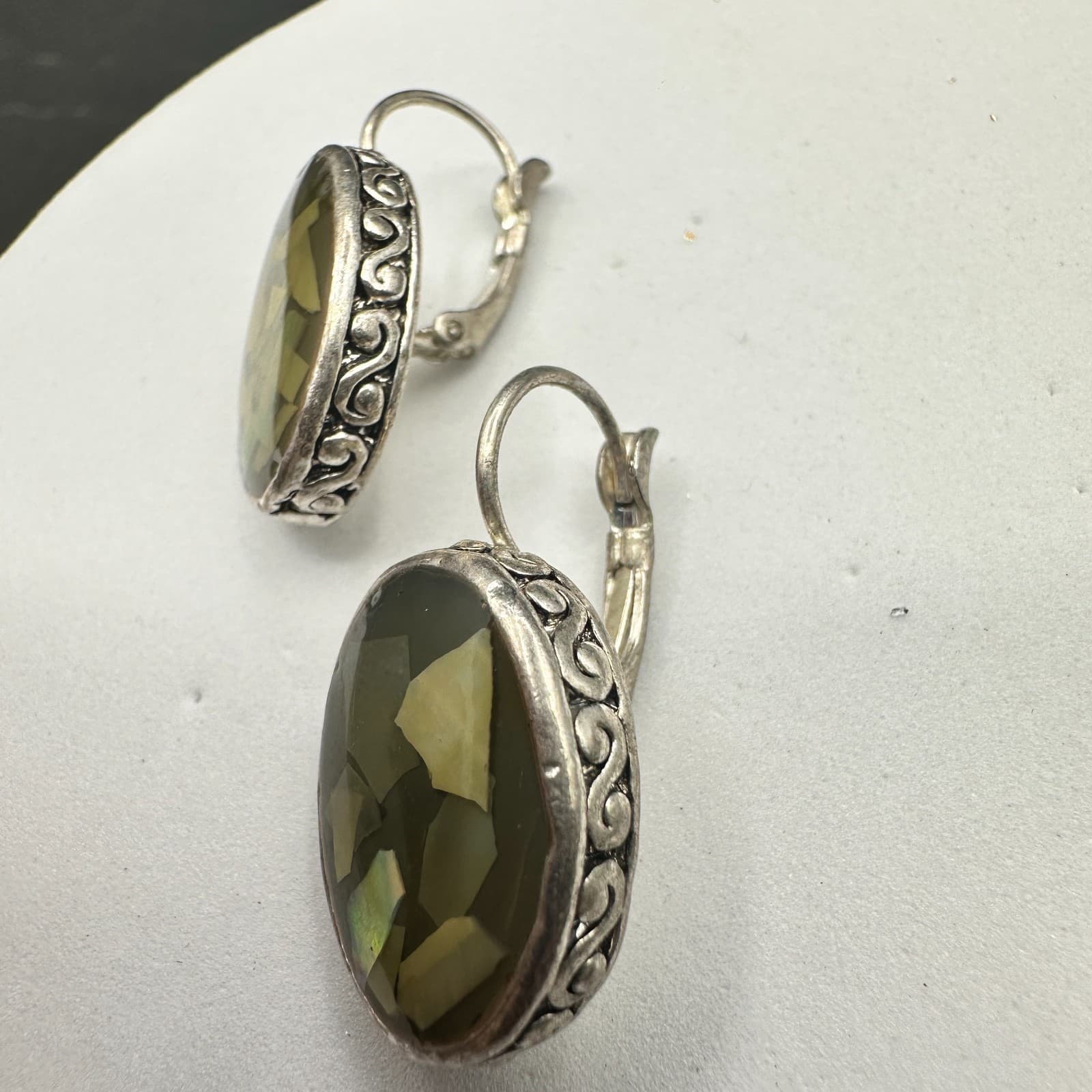 Vintage Mother-of-Pearl Mosaic Oval Earrings Silver Tone Boho Art Deco - Thumbnail 5