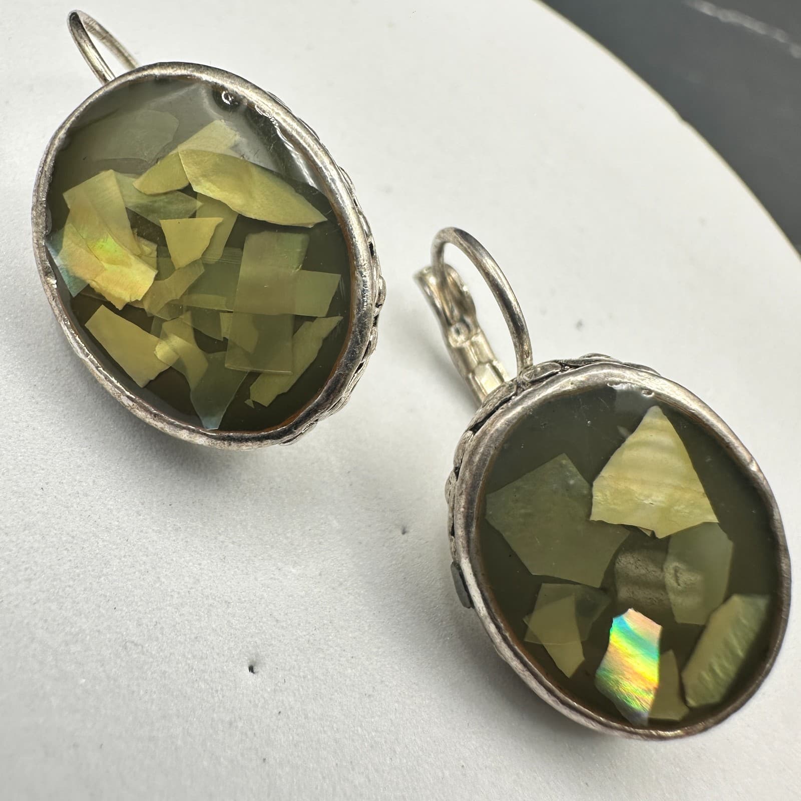 Vintage Mother-of-Pearl Mosaic Oval Earrings Silver Tone Boho Art Deco - Thumbnail 2