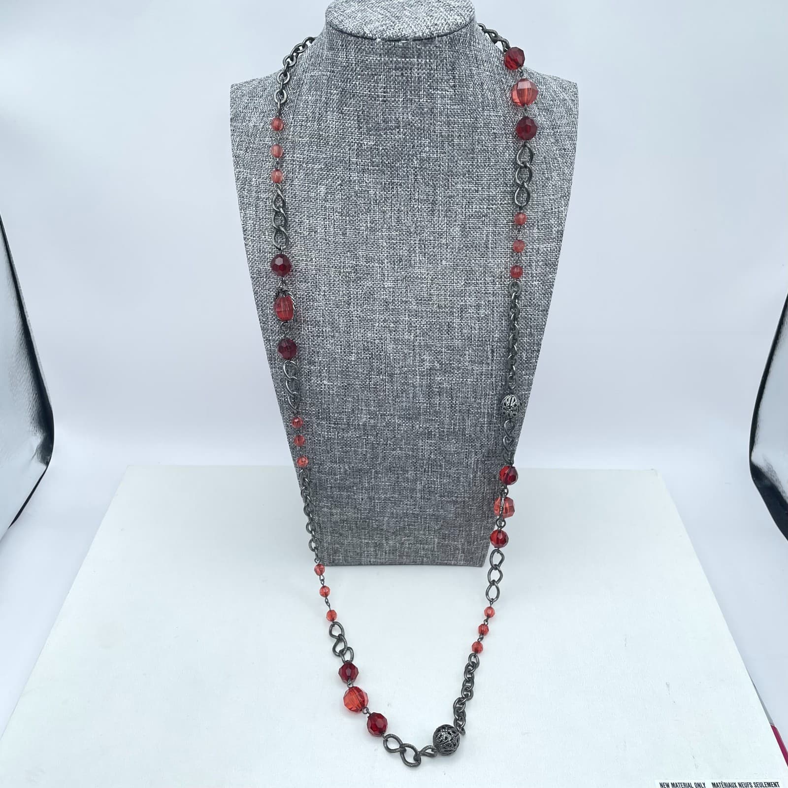 Vintage 1928 Gunmetal-Tone Victorian Faceted Glass Bead Station Lobster Necklace - Thumbnail 2