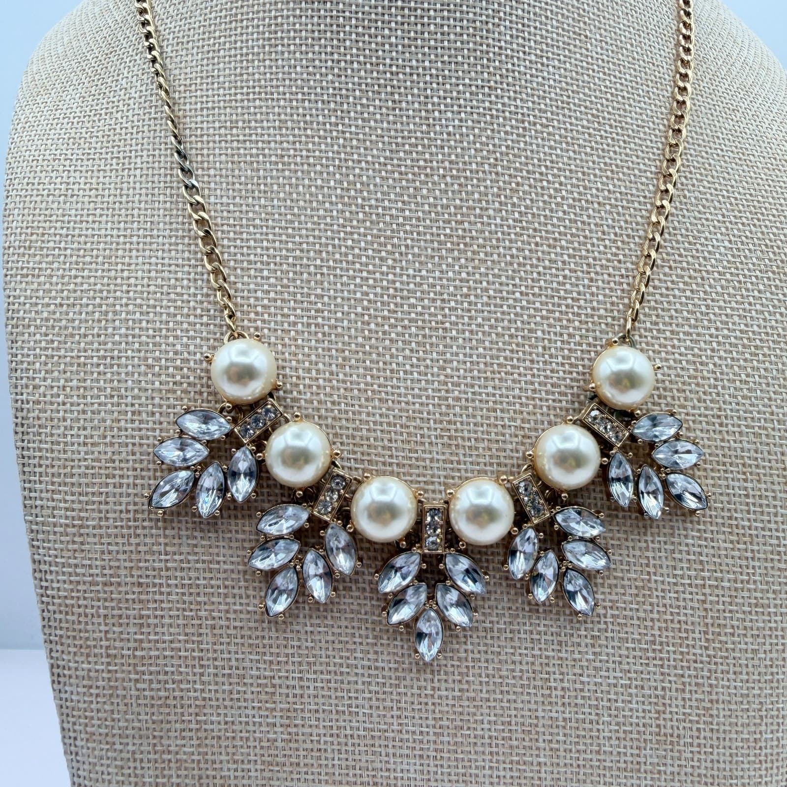 Vintage Y2K Gold Tone Rhinestones Faux Pearl Necklace Statement Women's Jewelry - Thumbnail 5