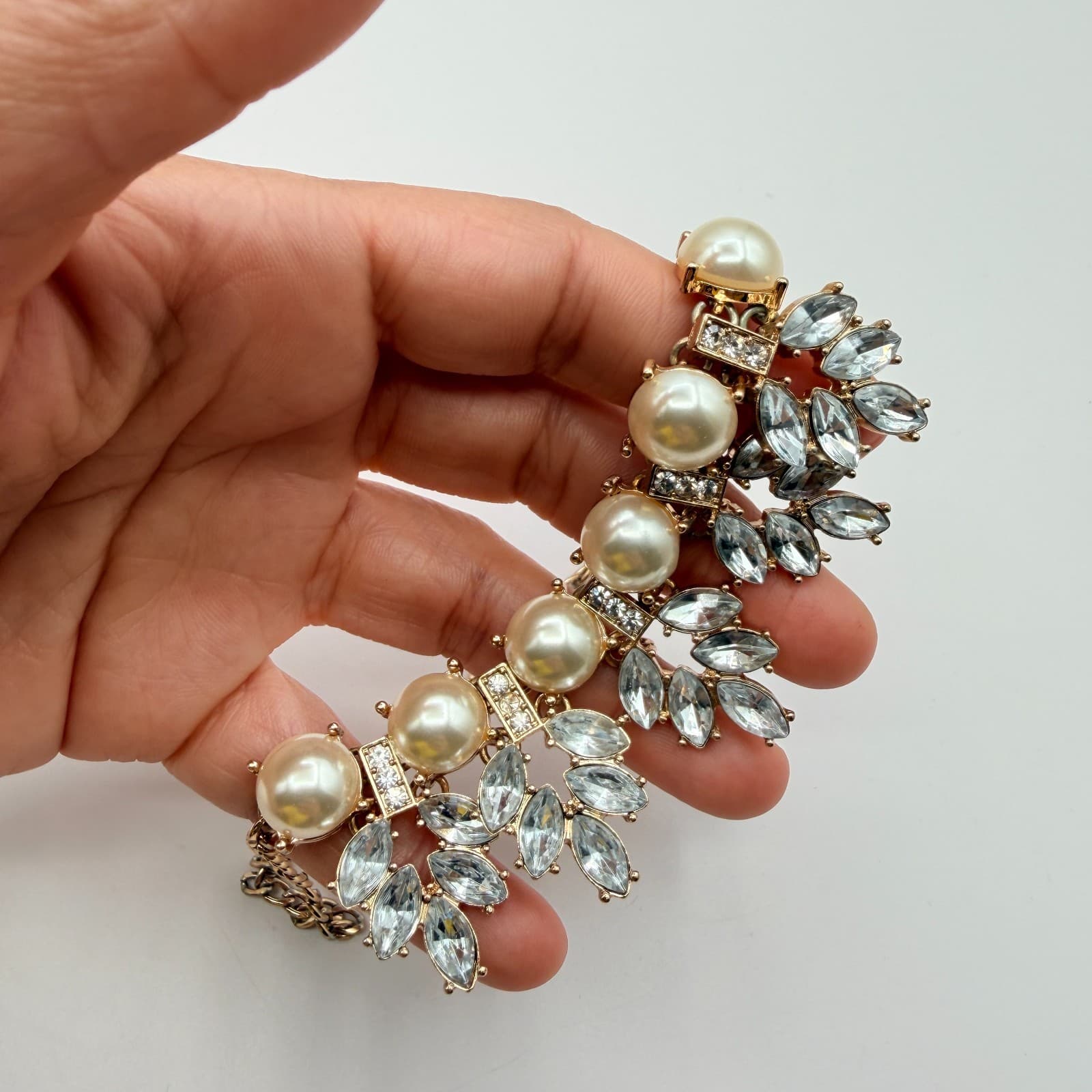 Vintage Y2K Gold Tone Rhinestones Faux Pearl Necklace Statement Women's Jewelry - Thumbnail 8