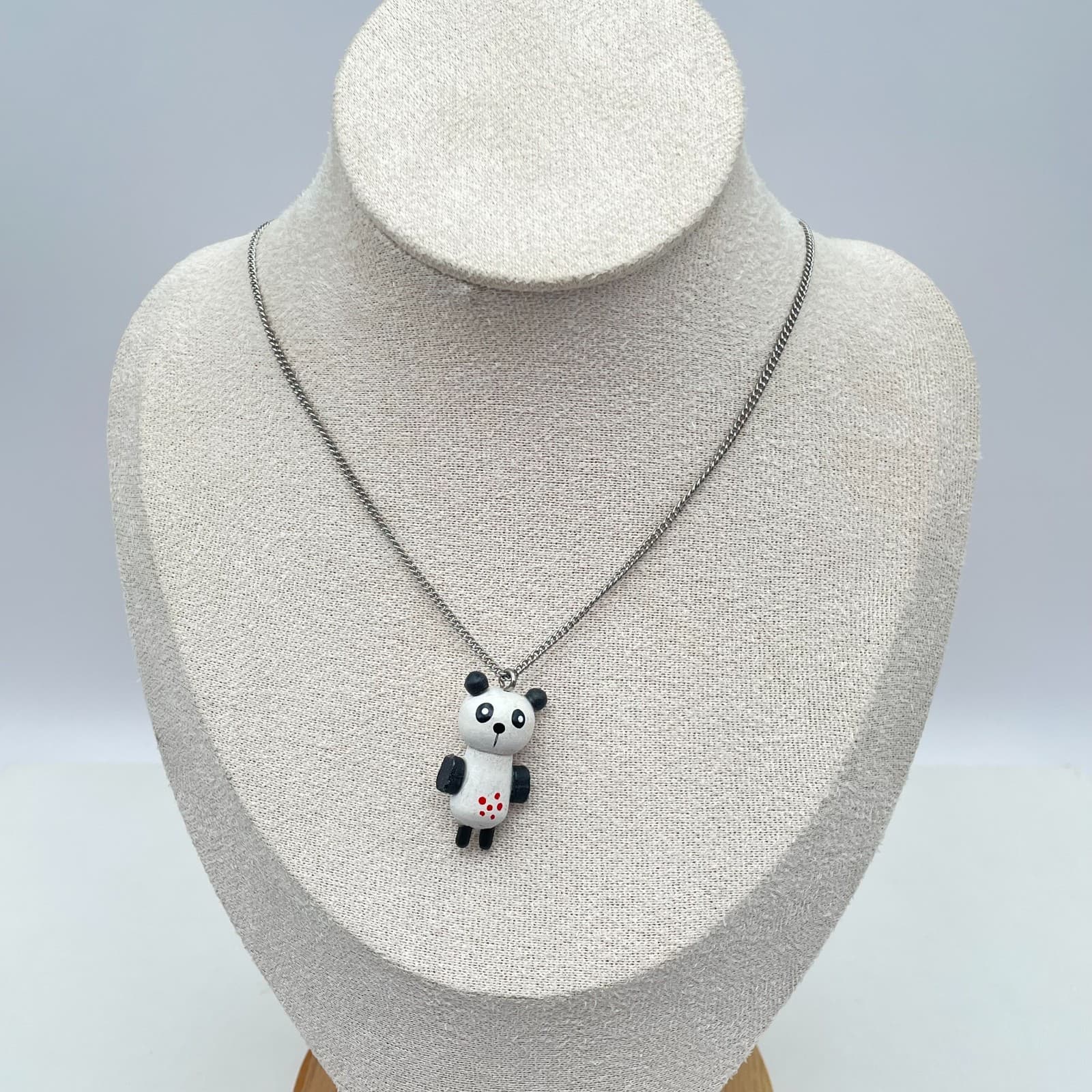 Contemporary Hand-Painted Silver-Tone Curb Chain Panda Pendant Lobster Necklace - Thumbnail 2