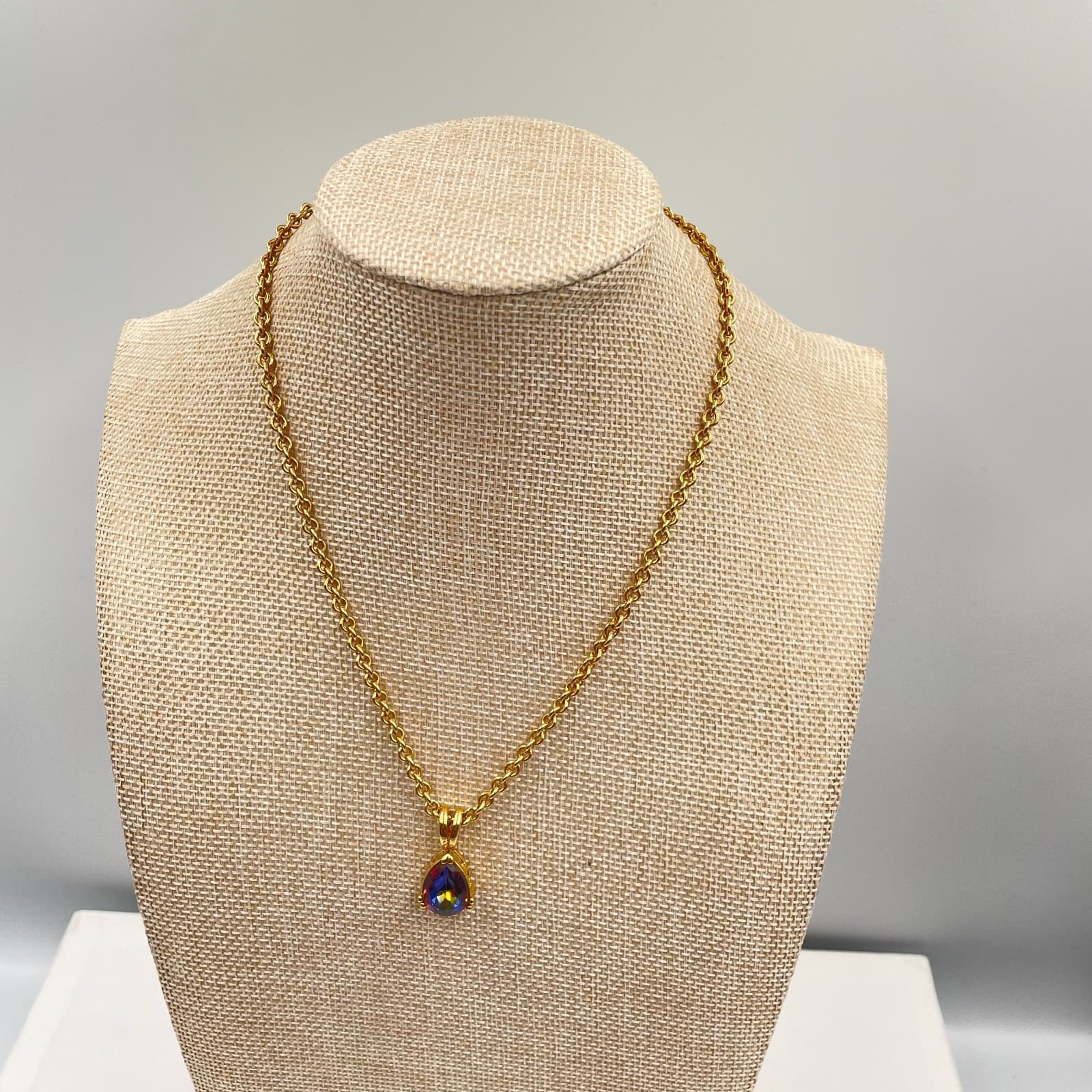 Gold-Tone Round Chain Rainbow-Colored Volcano Crystal Teardrop Pendant Necklace - Image 1