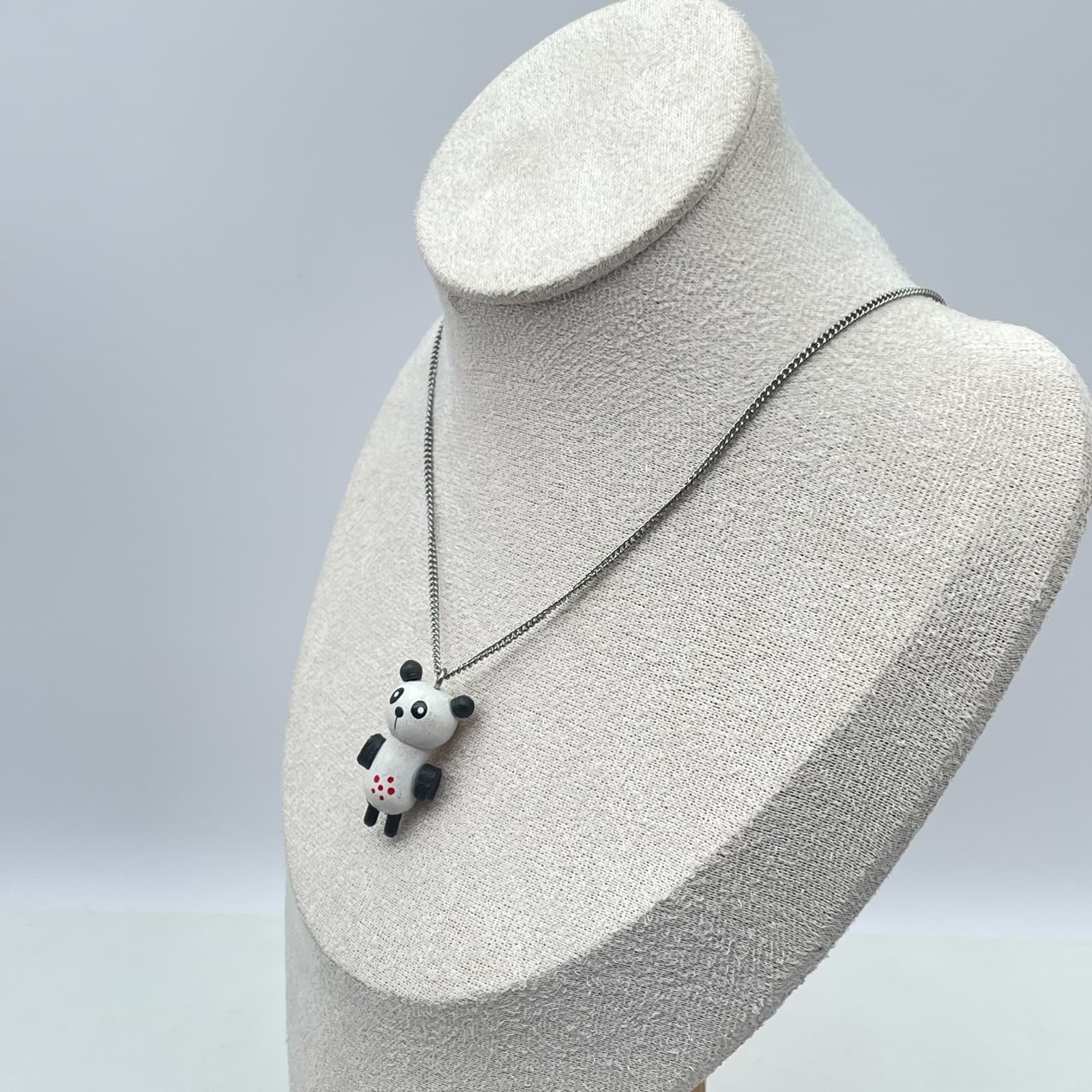 Contemporary Hand-Painted Silver-Tone Curb Chain Panda Pendant Lobster Necklace - Thumbnail 5