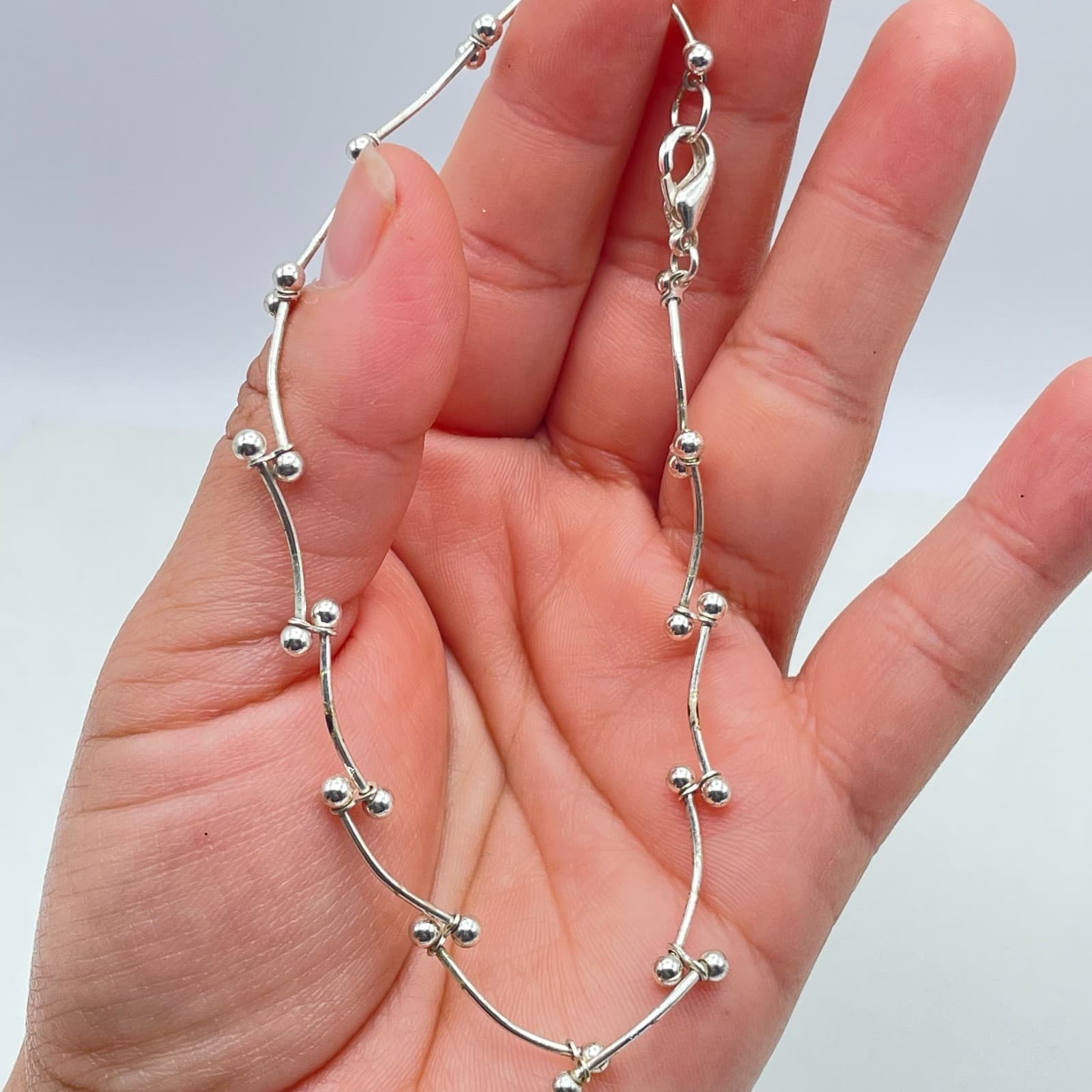 Contemporary Silver-Tone Classic Curved Dainty Bars Ball Link Lobster Bracelet - Thumbnail 6