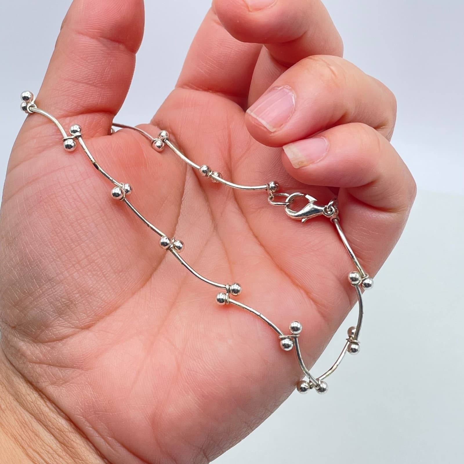 Contemporary Silver-Tone Classic Curved Dainty Bars Ball Link Lobster Bracelet - Thumbnail 10