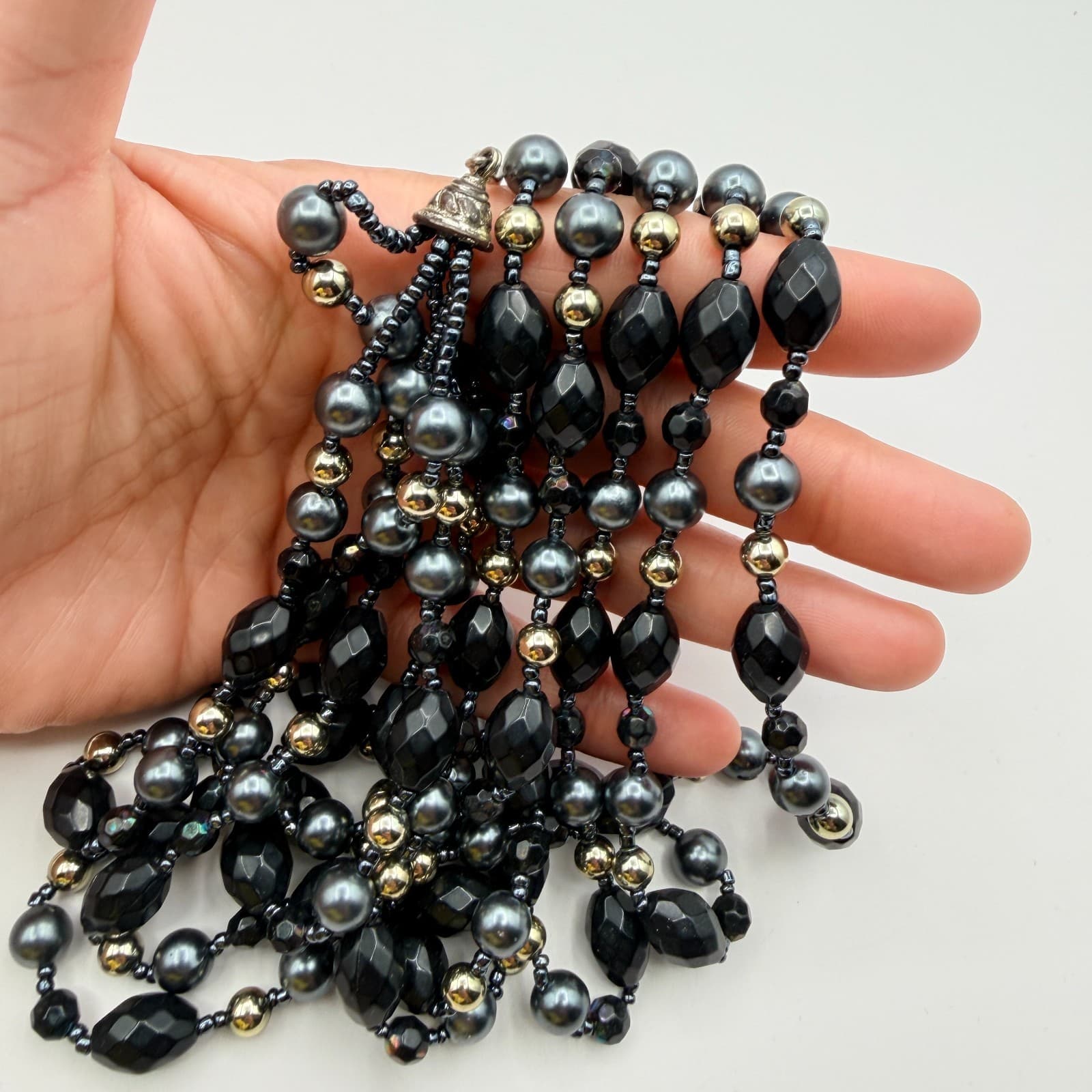 Vintage 90s Multi Strand Black Glass Bead Necklace Gray Faux Pearl Statement - Thumbnail 9