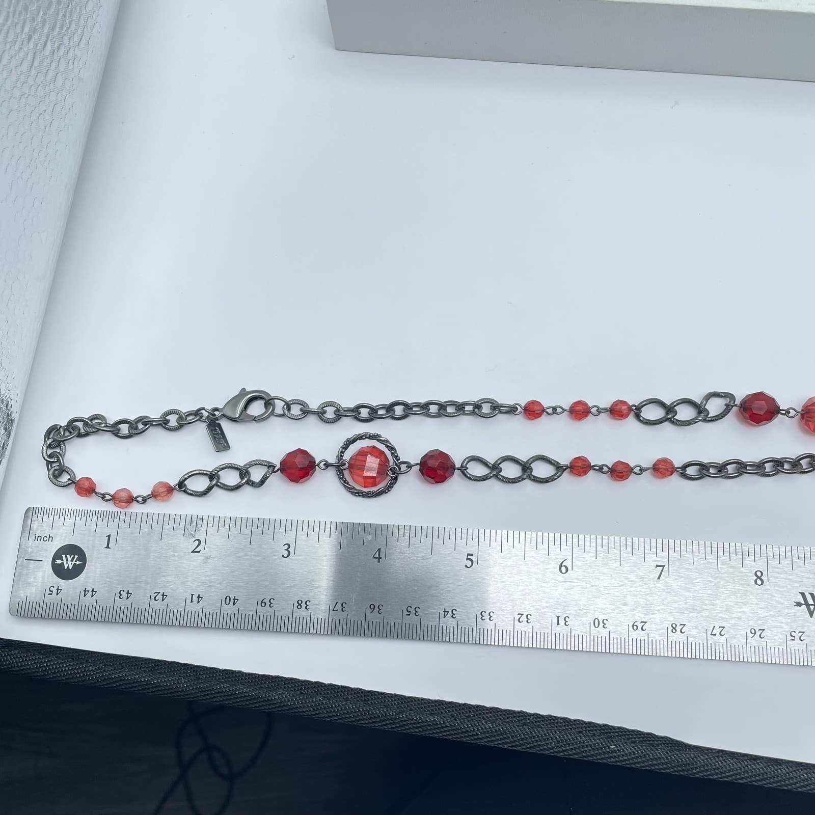 Vintage 1928 Gunmetal-Tone Victorian Faceted Glass Bead Station Lobster Necklace - Thumbnail 6