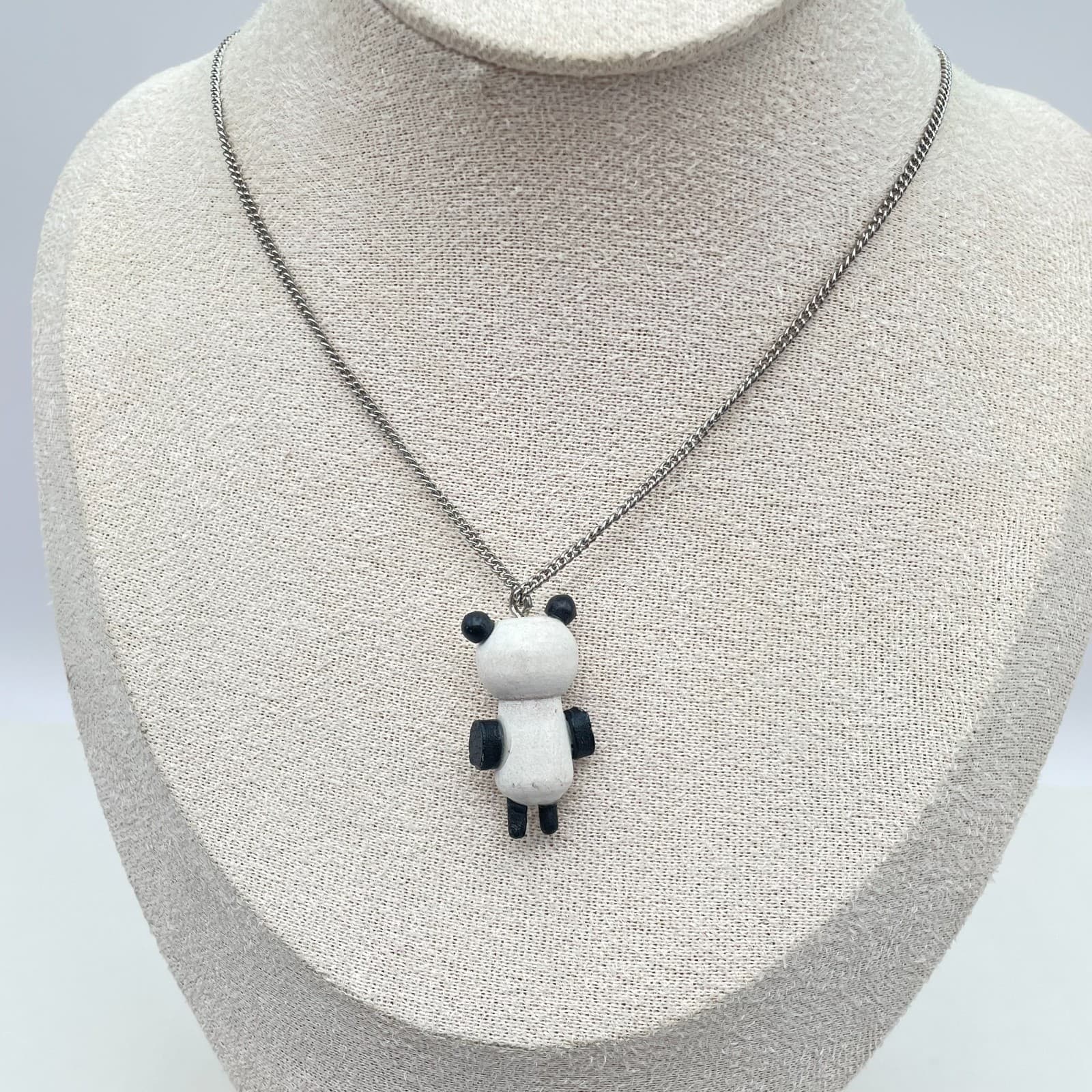 Contemporary Hand-Painted Silver-Tone Curb Chain Panda Pendant Lobster Necklace - Thumbnail 3