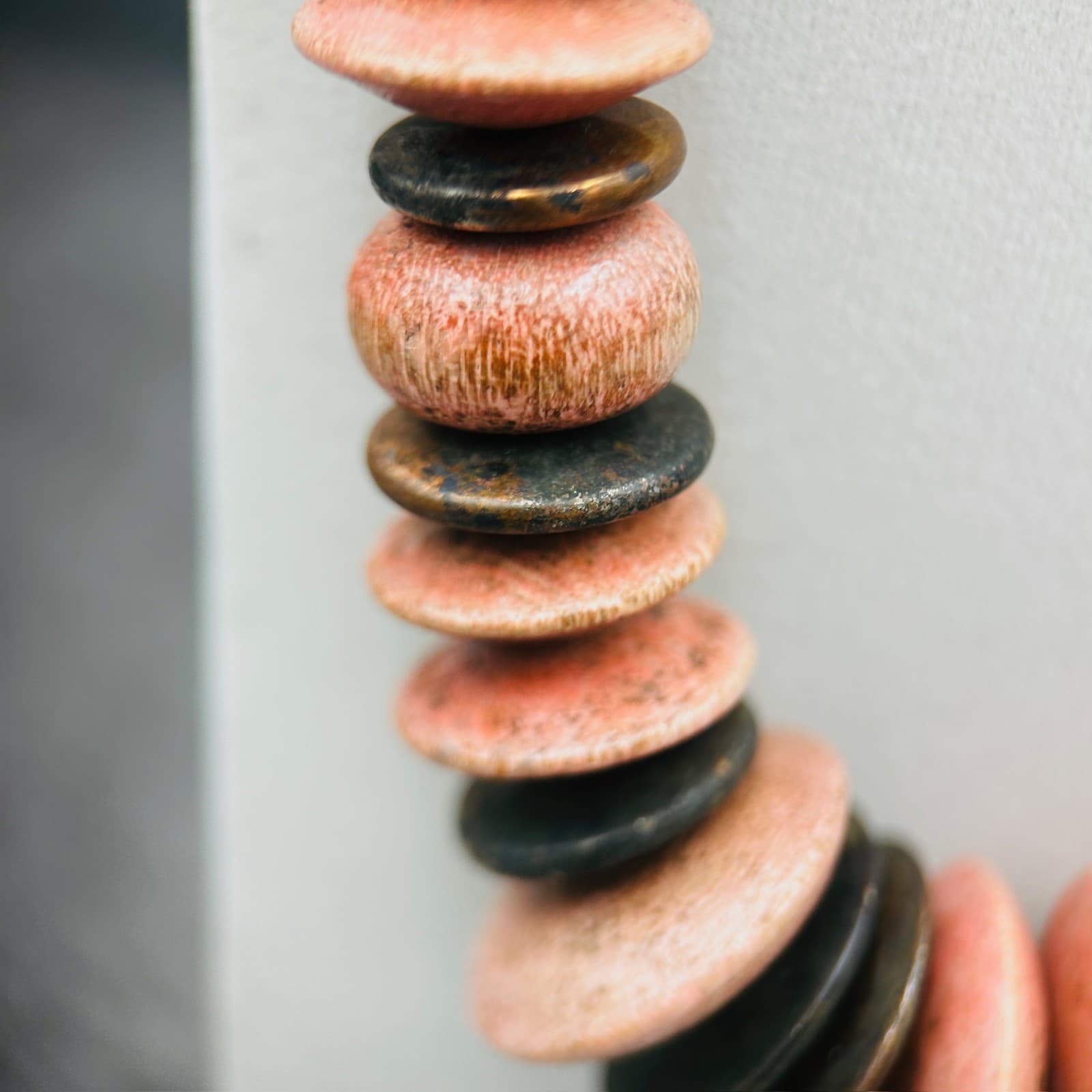 Natural Wood Bead Necklace w/ Layered Disc Accents Boho Earthy Style - Thumbnail 3