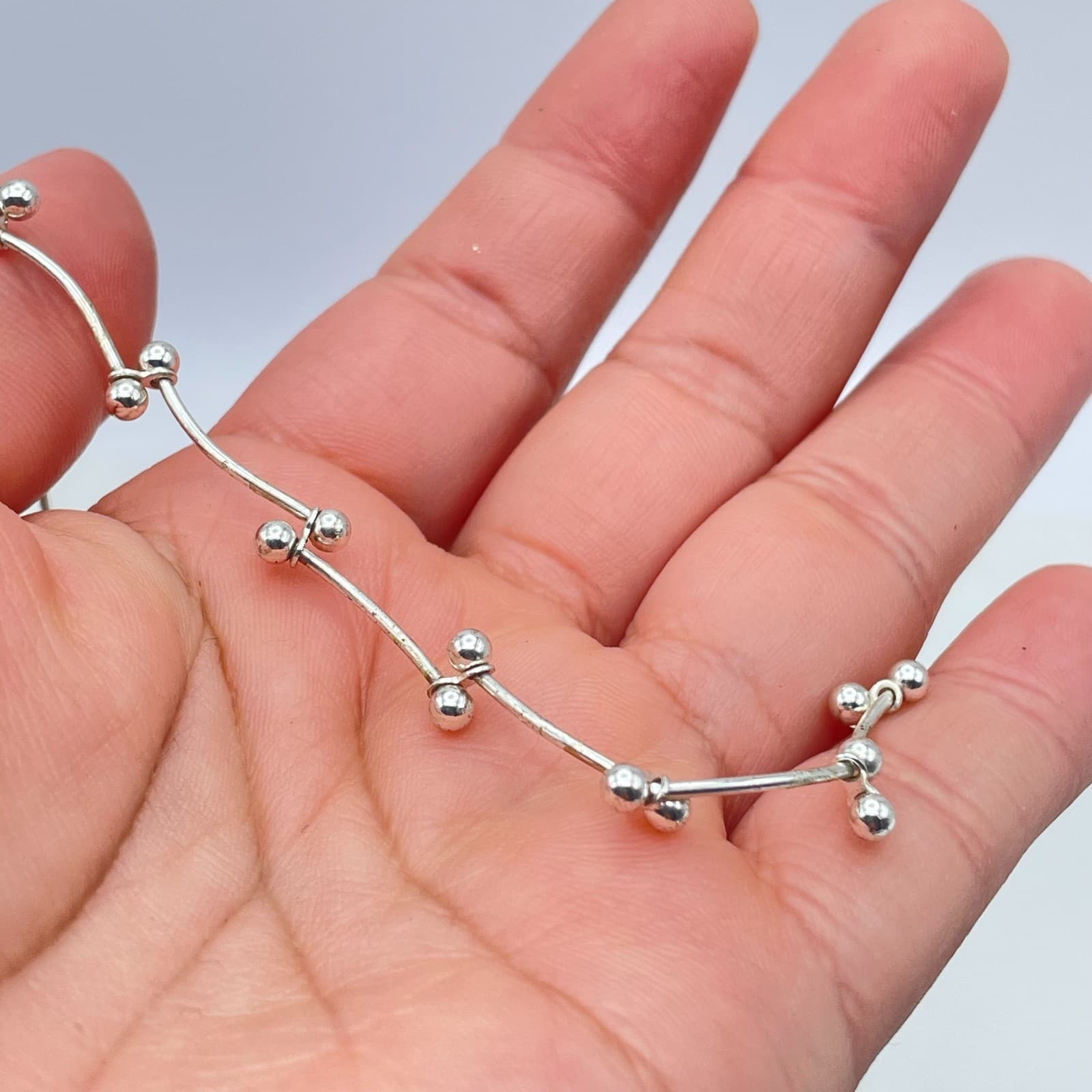 Contemporary Silver-Tone Classic Curved Dainty Bars Ball Link Lobster Bracelet - Thumbnail 5