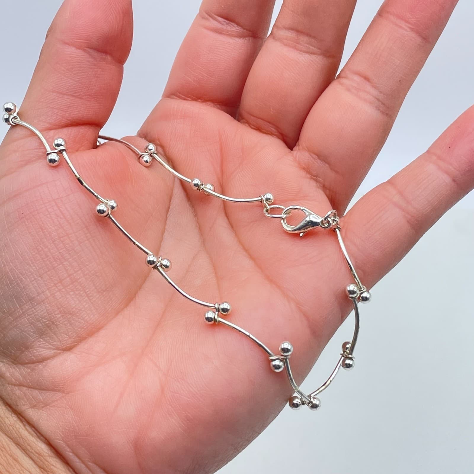 Contemporary Silver-Tone Classic Curved Dainty Bars Ball Link Lobster Bracelet - Thumbnail 9