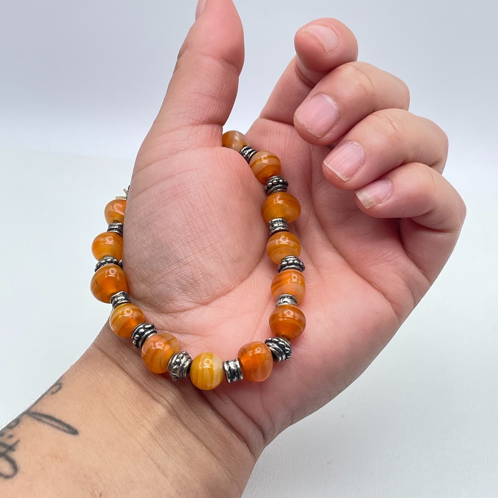 Tibetan-Style Silver-Tone Oxidized Metal Orange Agate Beads Stretch Bracelet - Thumbnail 6