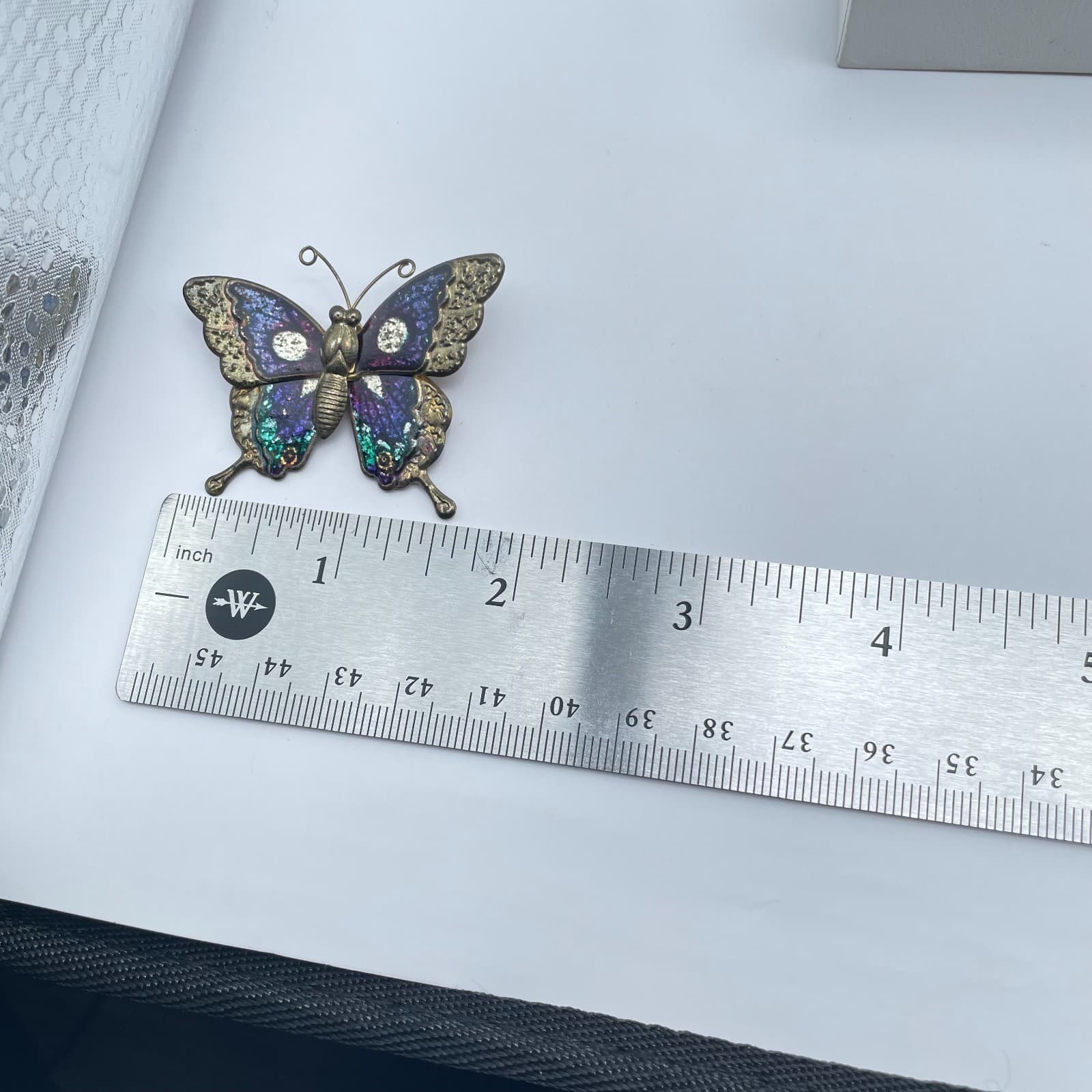 Vintage Gold-Tone Multicolor Patina Dye Enamel Blue Glitter Butterfly Brooch Pin - Thumbnail 2