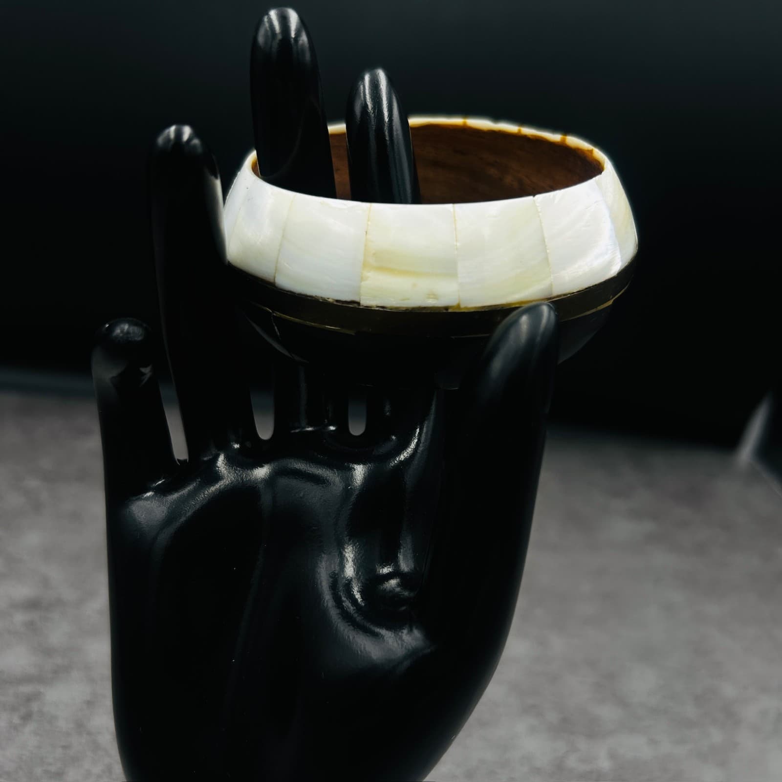 Vintage Inlaid Wood & Brass Bangle Bracelet Boho Artisan Style - Thumbnail 5